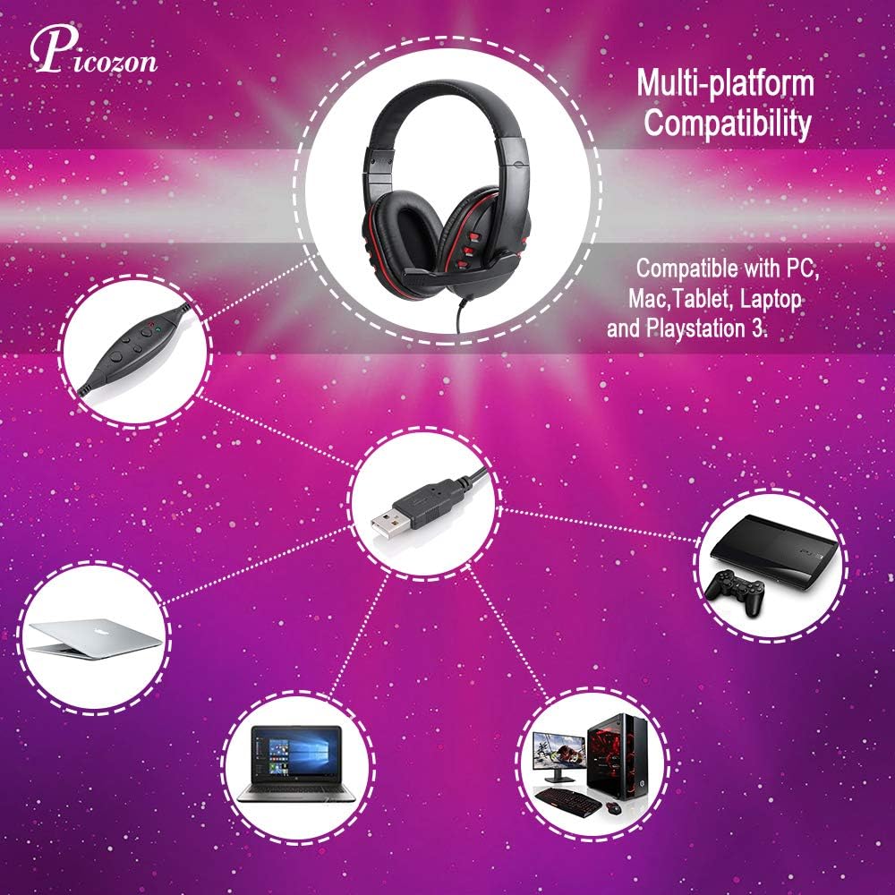 Picozon Black Headsets USB Gaming Headset with Mic for PS4 PlayStation Vita DEMO