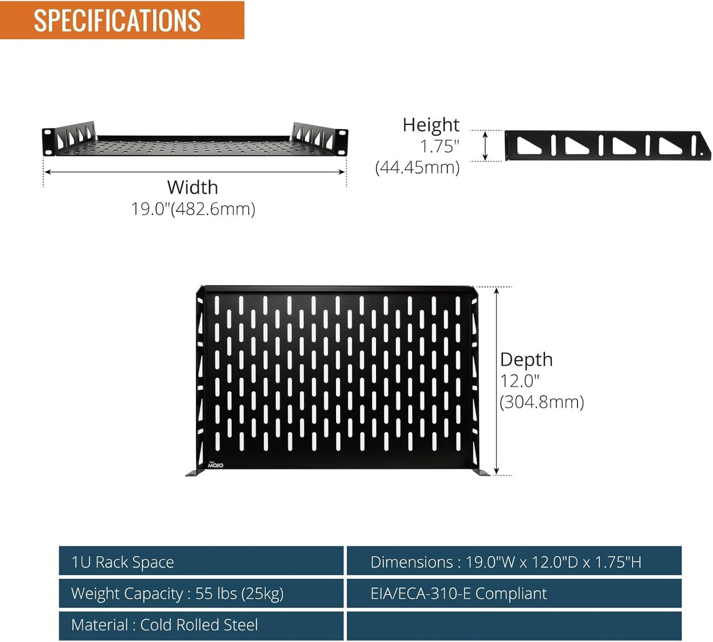 Tecmojo 304.8mm Deep Rack Mount Shelf Anti-Slip Stops Black 2-Pack Size NEW