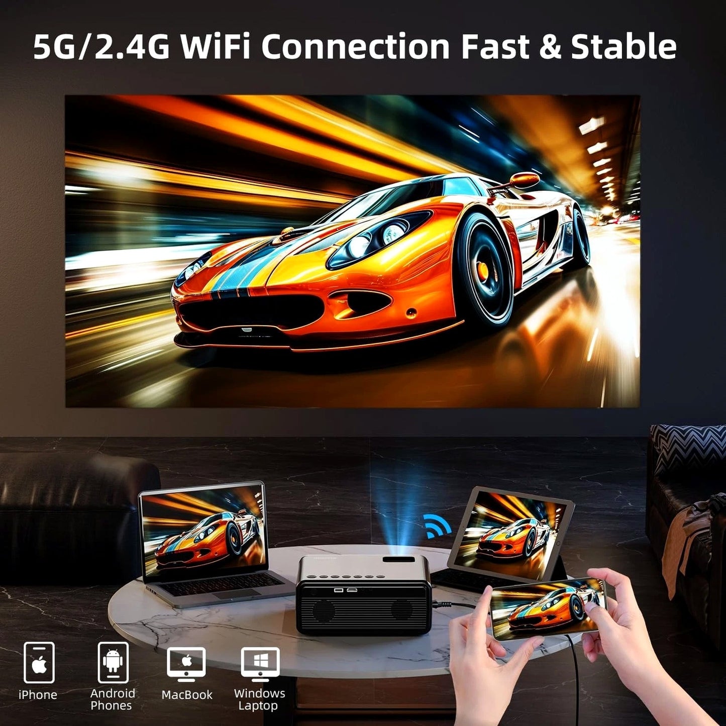 FUDONI 1080P Projectors Outdoor Movie Projector with 5G WiFi, Bluetooth, Home
