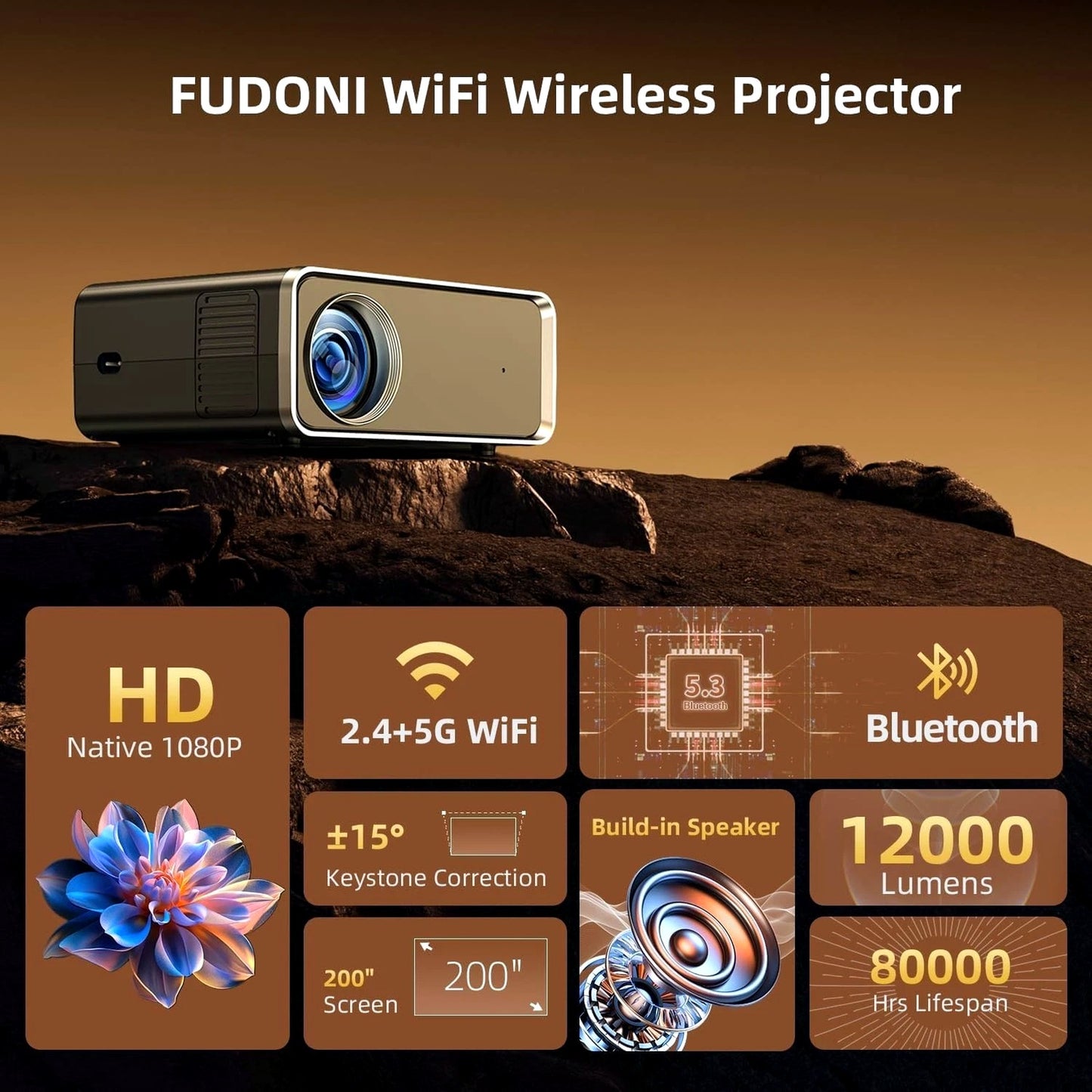 FUDONI 1080P Projectors Outdoor Movie Projector with 5G WiFi, Bluetooth, Home