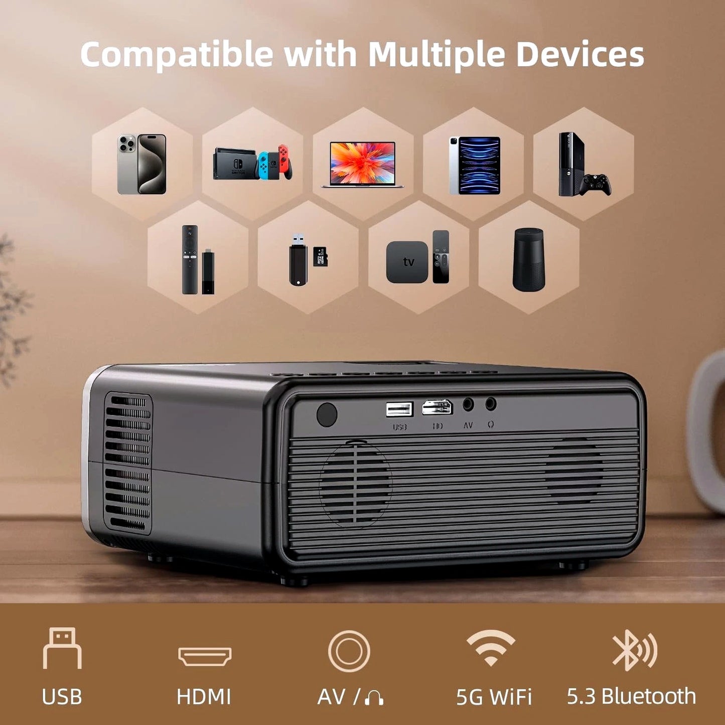 FUDONI 1080P Projectors Outdoor Movie Projector with 5G WiFi, Bluetooth, Home
