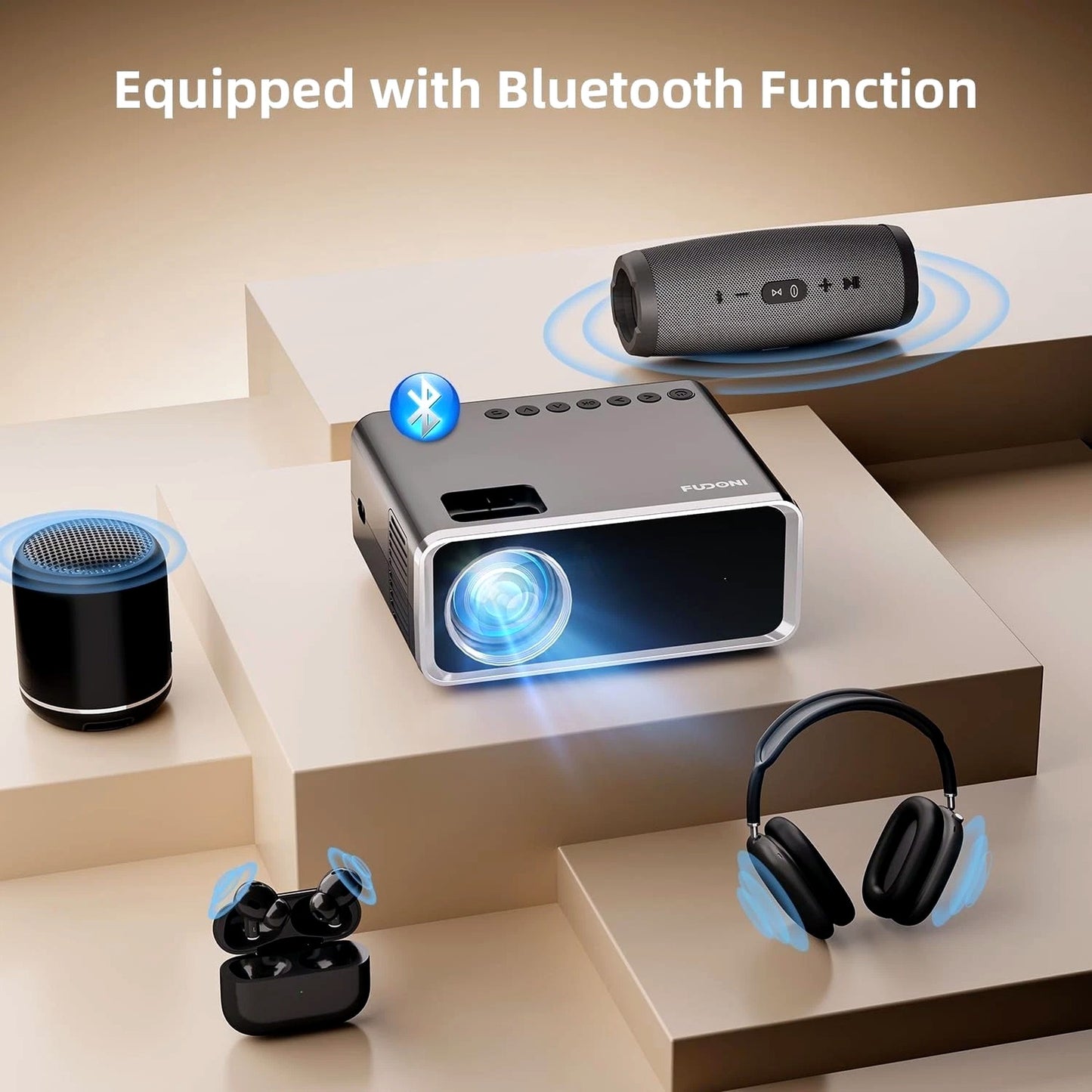 FUDONI 1080P Projectors Outdoor Movie Projector with 5G WiFi, Bluetooth, Home