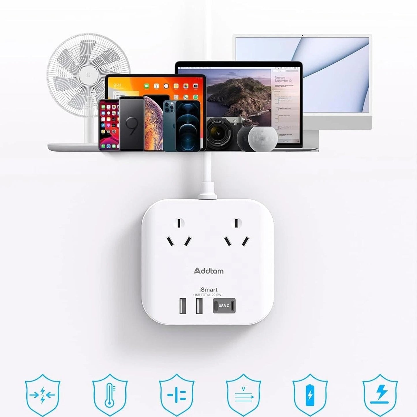 Addtam Power Strip with 2 Outlets and 4 USB Ports Compact Travel Charger NEW