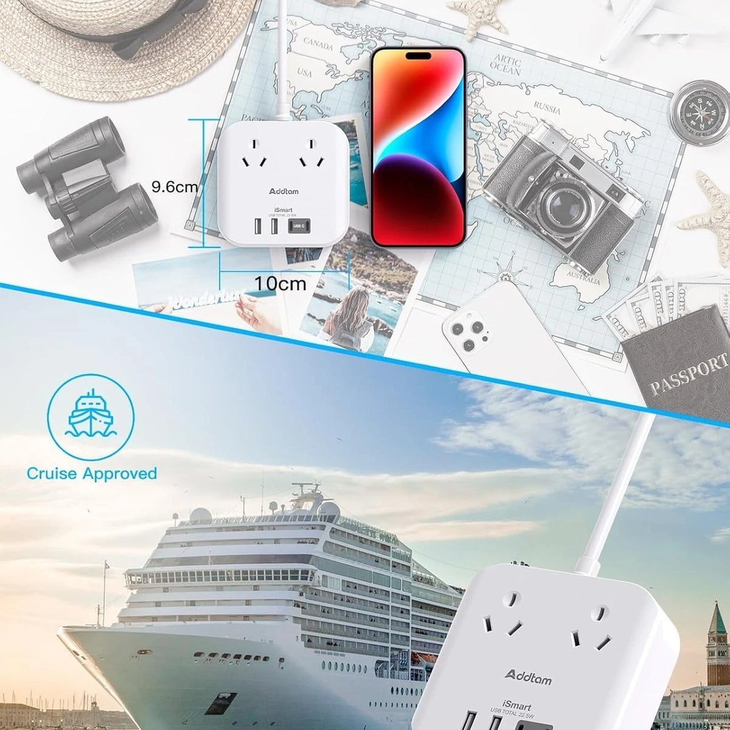 Addtam Power Strip with 2 Outlets and 4 USB Ports Compact Travel Charger NEW