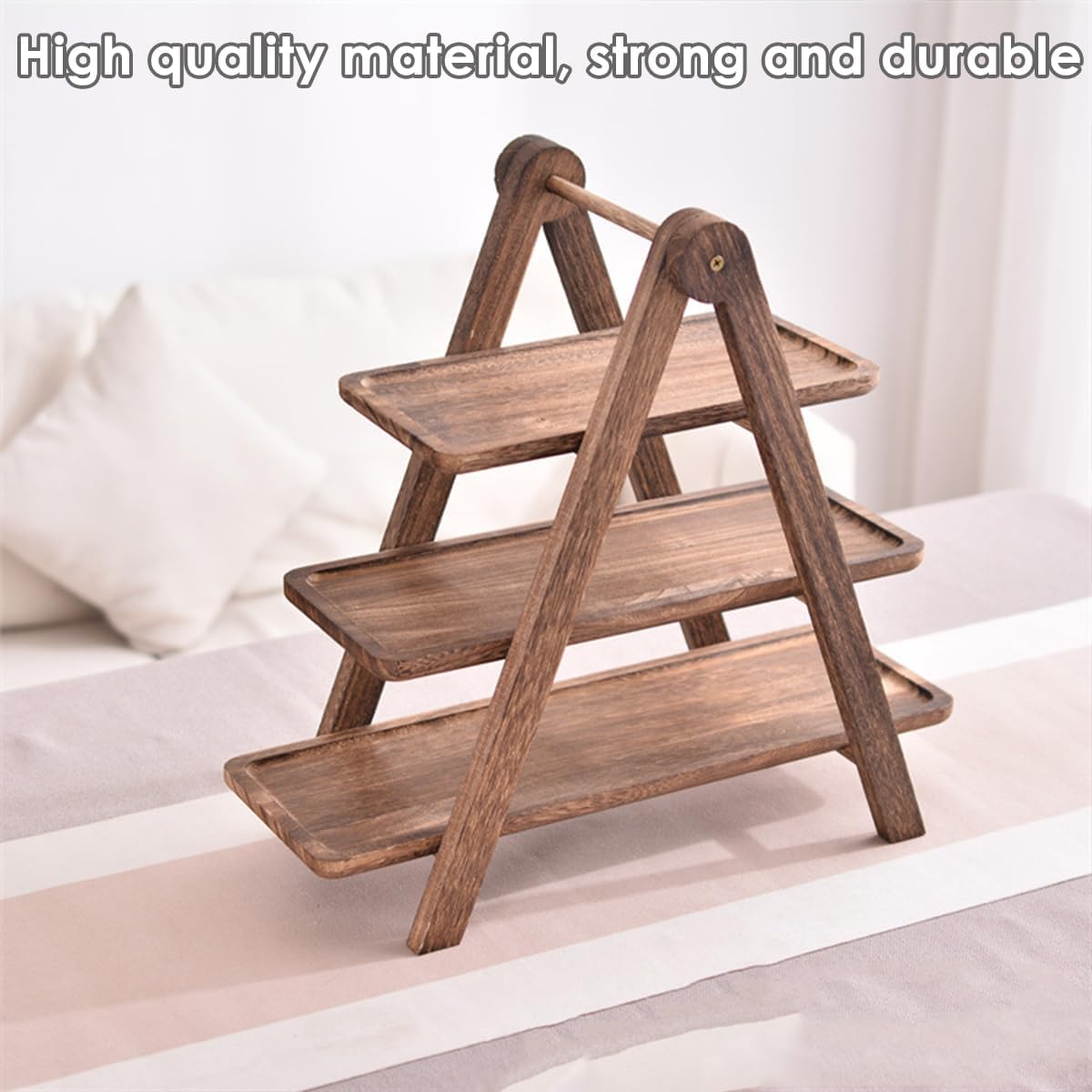3-Tier Wooden Tray Display Stand Foldable A-Frame Dessert Platter Brown NEW