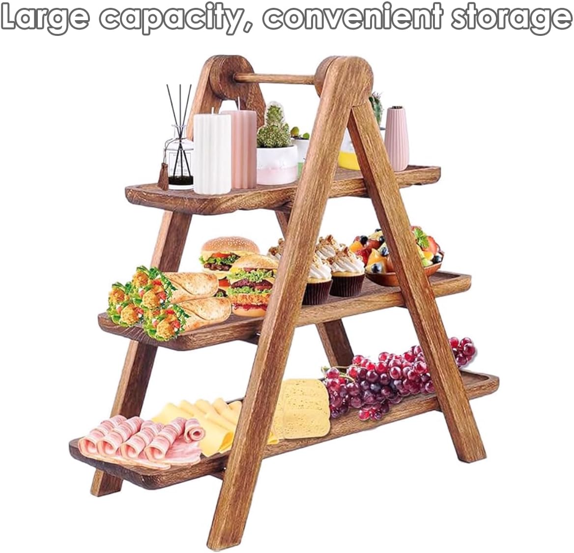 3-Tier Wooden Tray Display Stand Foldable A-Frame Dessert Platter Brown NEW