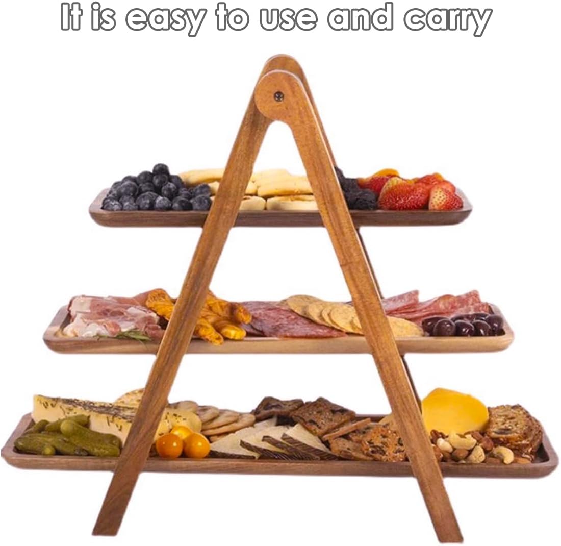 3-Tier Wooden Tray Display Stand Foldable A-Frame Dessert Platter Brown NEW