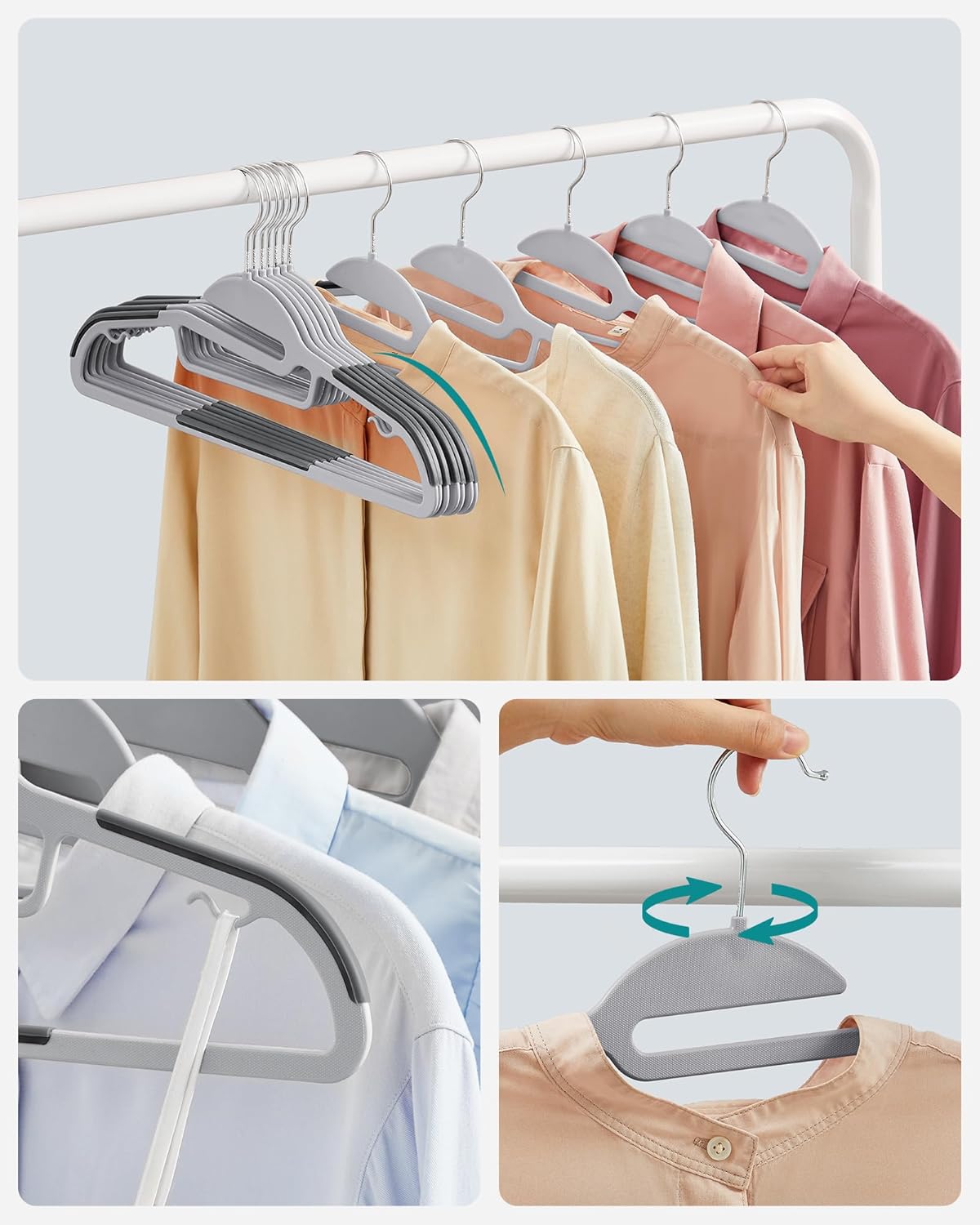 SONGMICS 20 Piece Plastic Coat Hangers with U-Shaped Hooks Light Grey Dark NEW