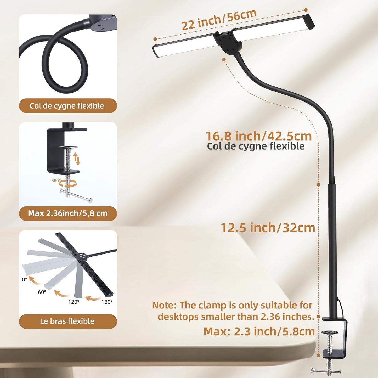 22" Black Architect Desk Lamp with Dual Smart LED Clamp Lighting Size 22" NEW