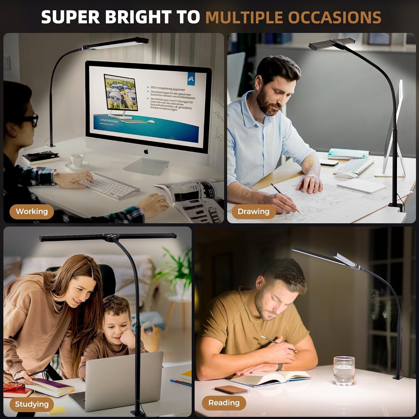 22" Black Architect Desk Lamp with Dual Smart LED Clamp Lighting Size 22" NEW