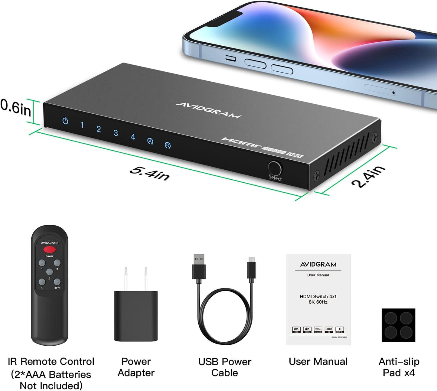 AVIDGRAM 4-Port Selector Boxes HDMI 2.1 Switch 8K 60Hz 4:4:4 with IR DEMO