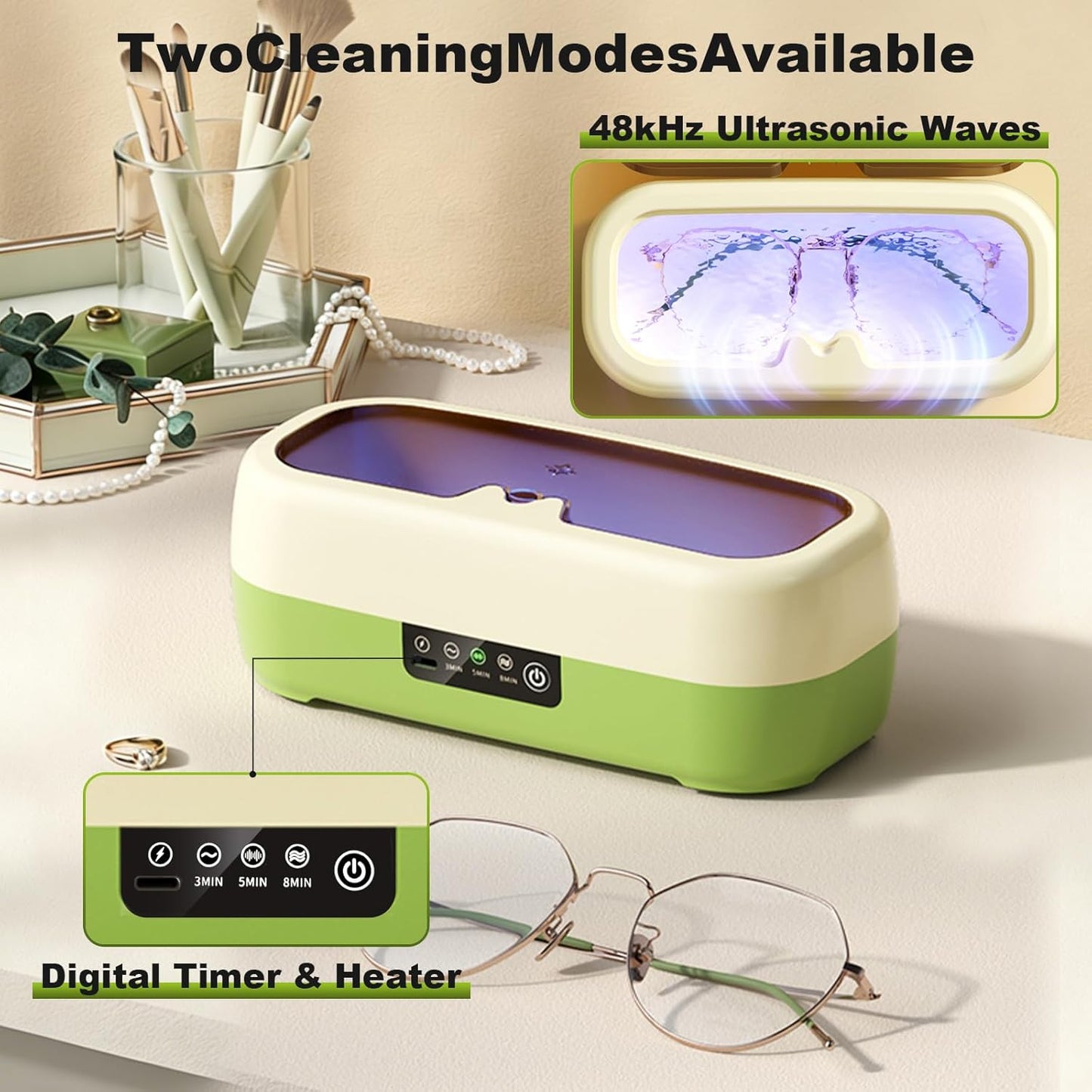 Ultrasonic Jewelry Cleaning Device, 350ml White & Green, 48KHz Cleaner Size NEW