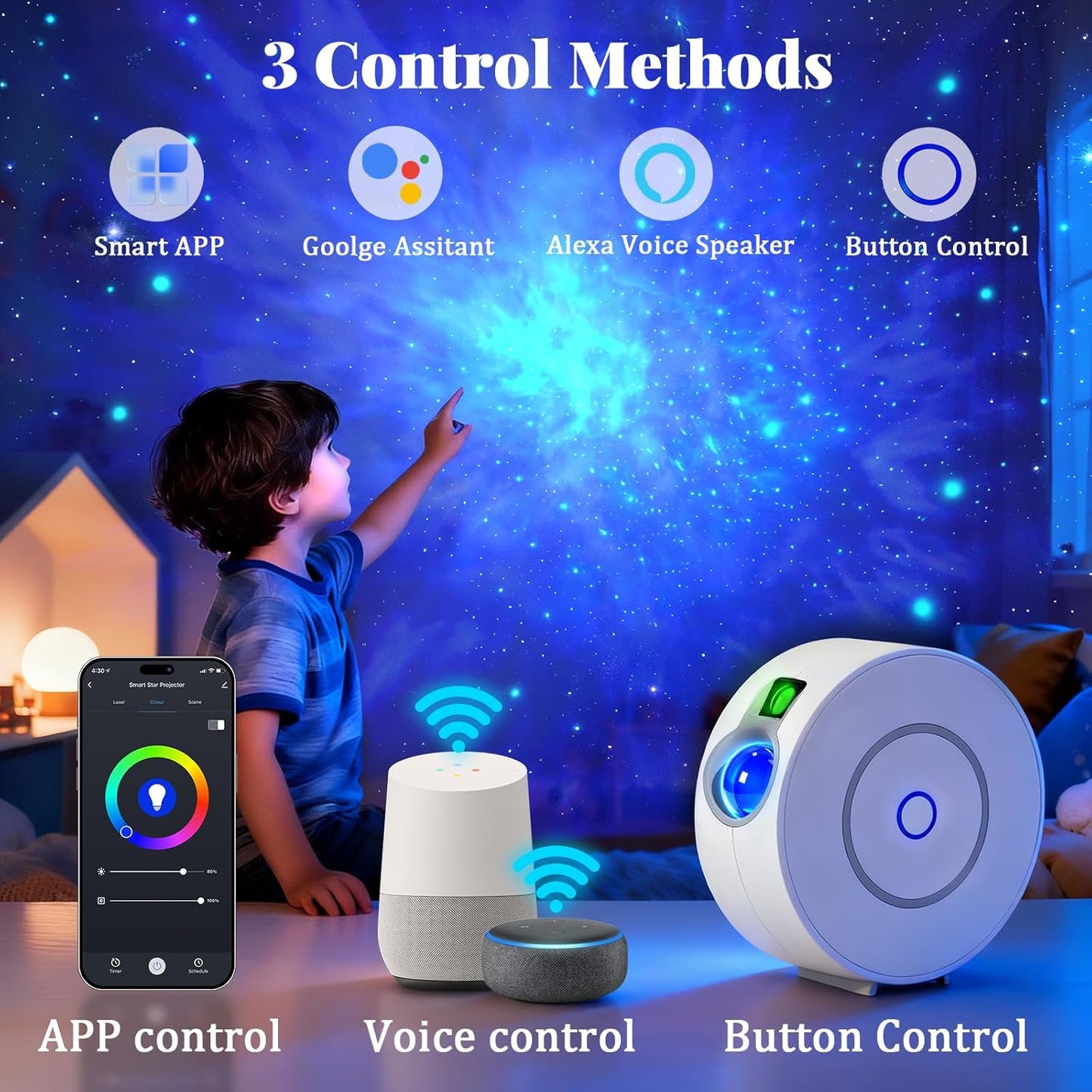 Voice-Controlled Smart Galaxy Projector Night Light for Bedroom, Nursery, DEMO