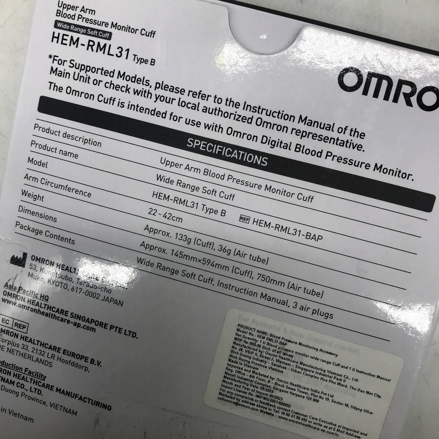 Omron Blood Pressure Monitor Cuff, M/Large Arm Circumference 22-42cm Size NEW