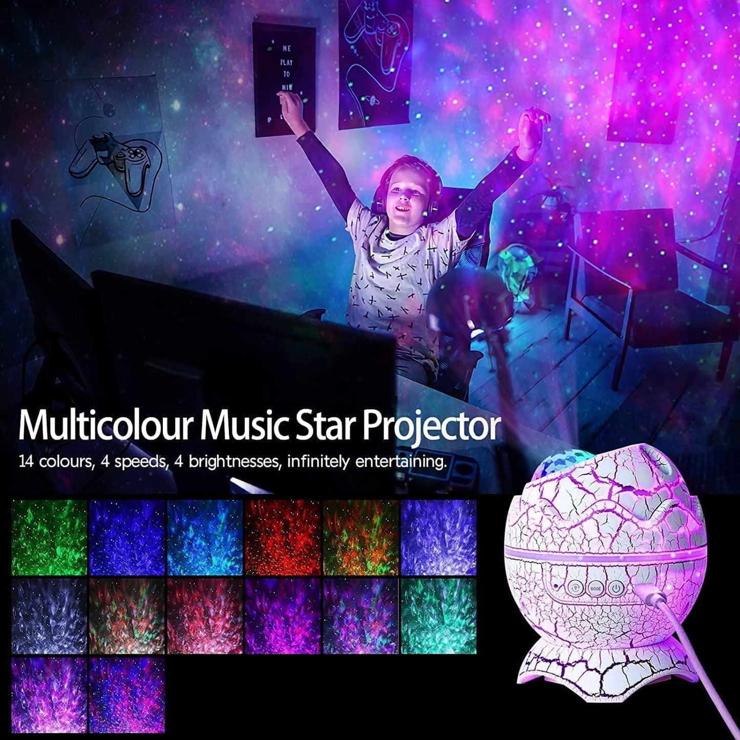 White Dinosaur Egg Galaxy Projector Starry Night Light with Music NEW