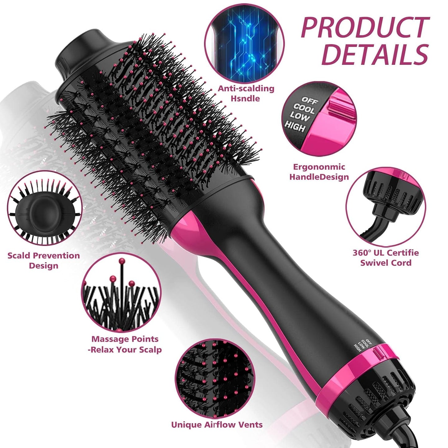 4-in-1 Hair Dryer Brush Volumizer Styler with Ceramic & Nylon Bristles, NEW