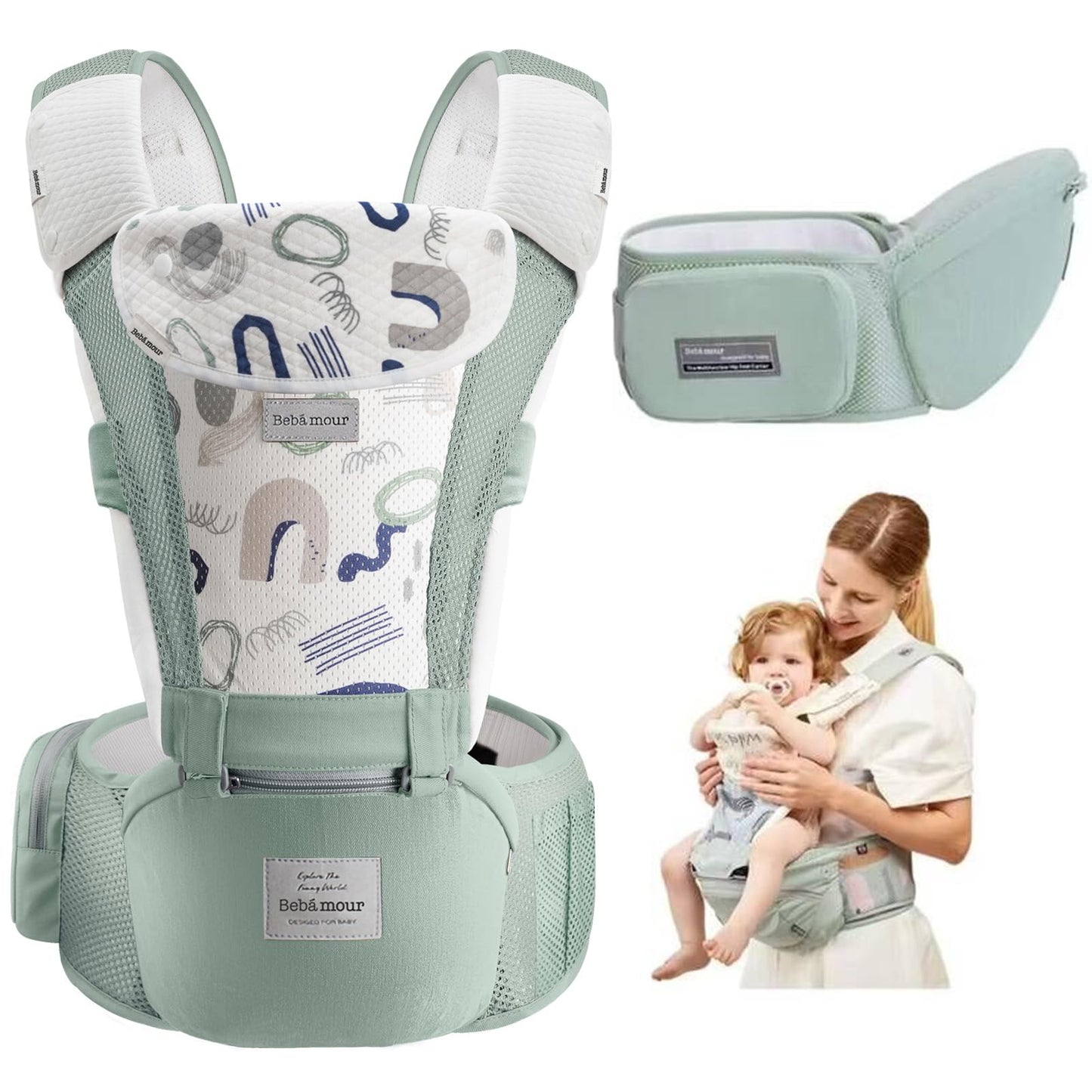 Bebamour Air Green Mesh Newborn Baby Carrier for Front and Back Carry Size NEW