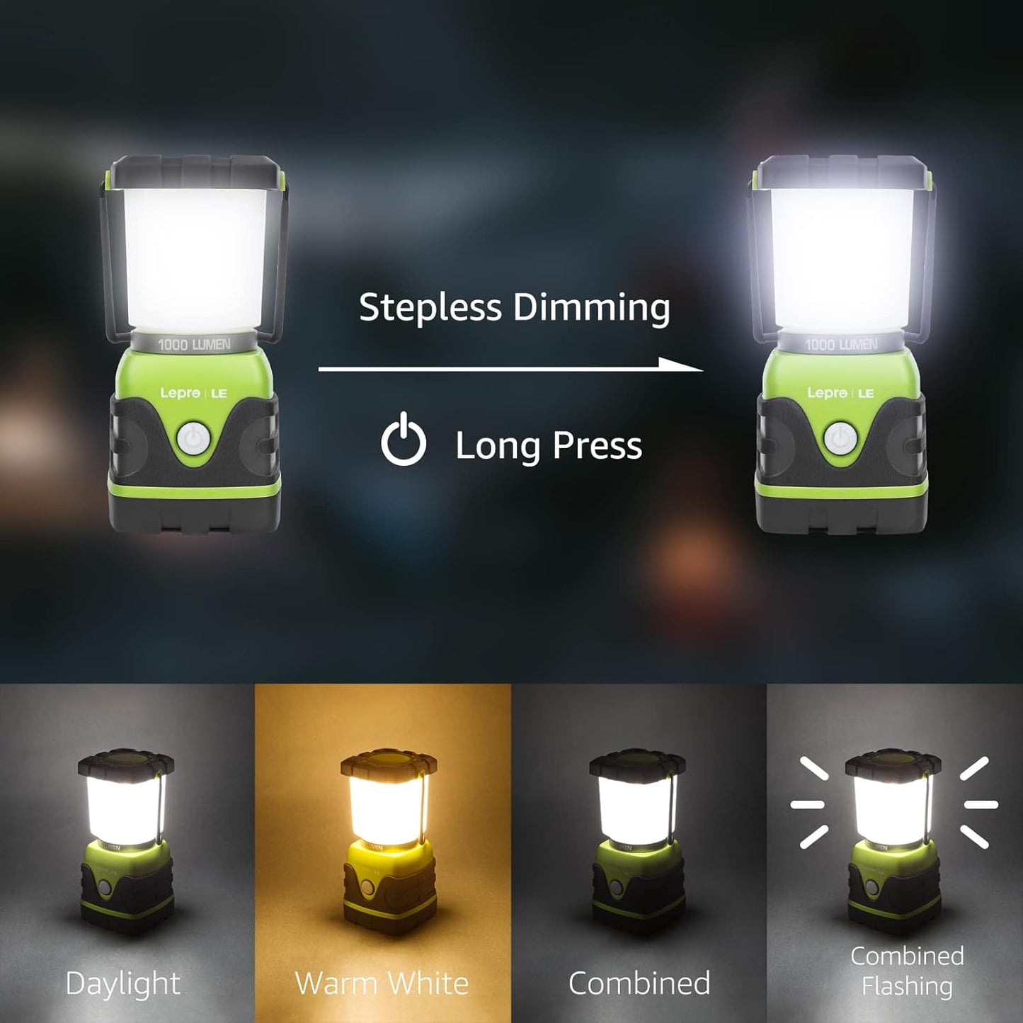 Lepro Dimmable Camping Lantern 1000 Lumen Battery Powered Electric Black DEMO