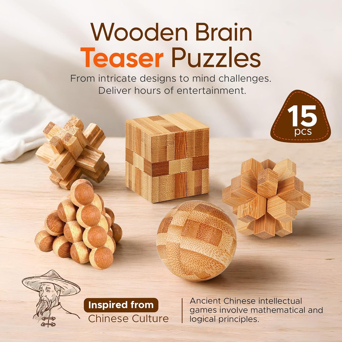 Tuauoe 15pcs 3D Brain Teaser Wooden Logic Puzzles Toys for Adults Teens NEW