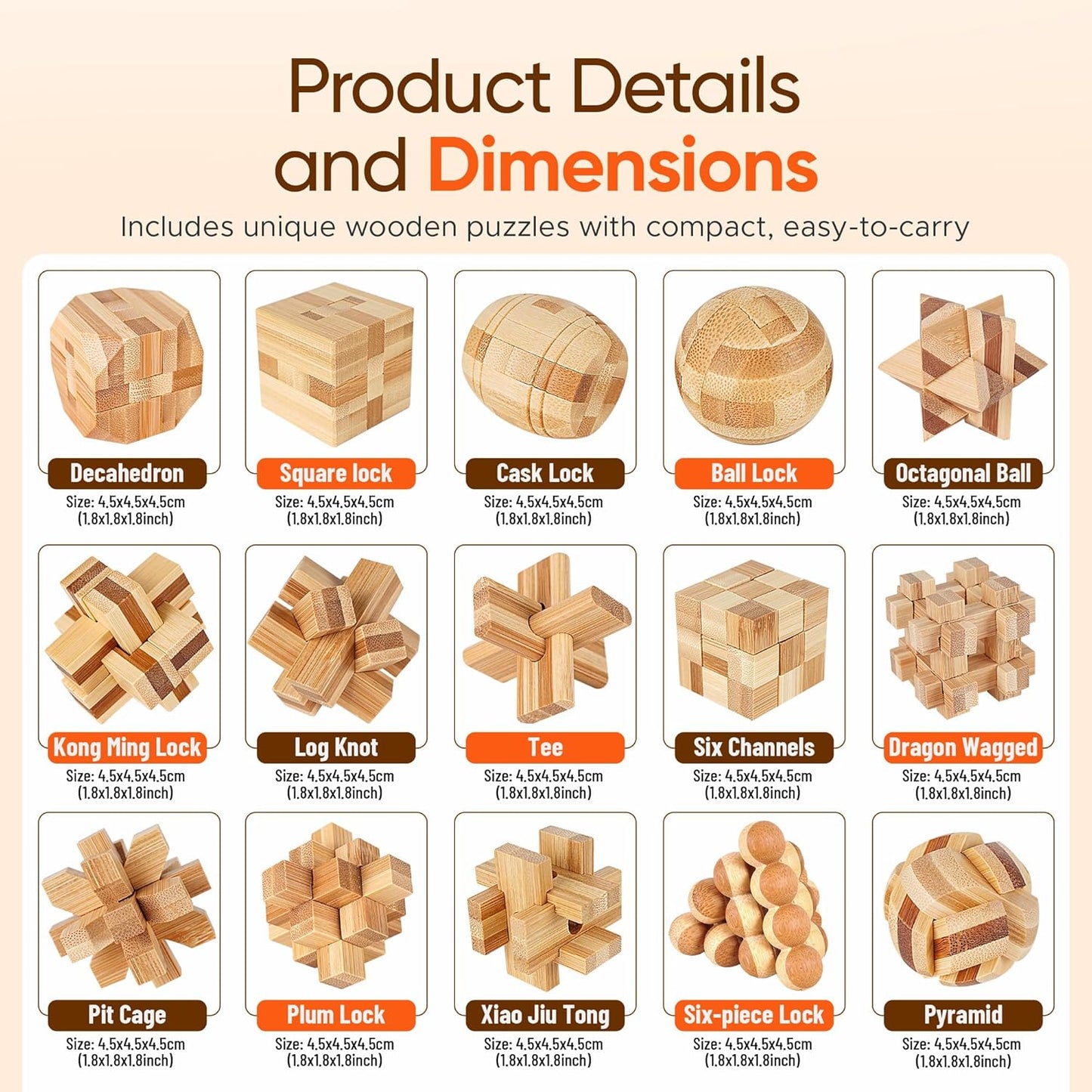 Tuauoe 15pcs 3D Brain Teaser Wooden Logic Puzzles Toys for Adults Teens NEW