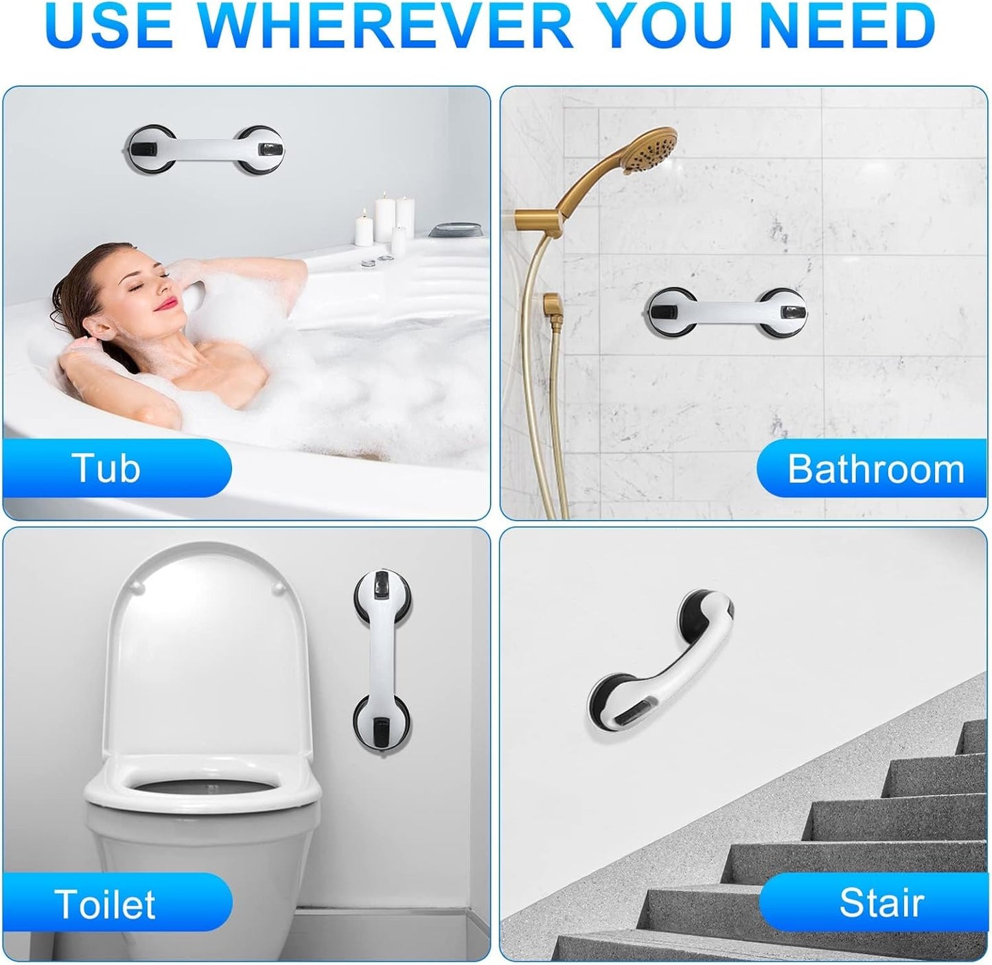 Shower Grab Bar 2-Pack Strong Suction Cup Plastic Bathroom Accessory White NEW
