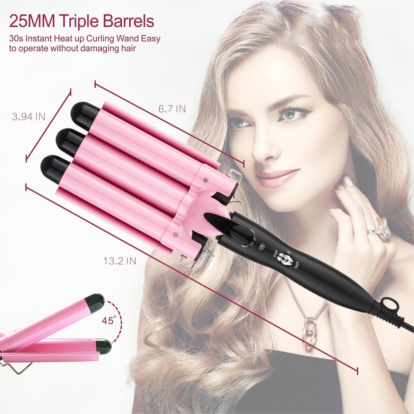 JUNMA Ceramic Curling Iron for Hair Styling, 32mm / 1.25" Barrel, Pink DEMO