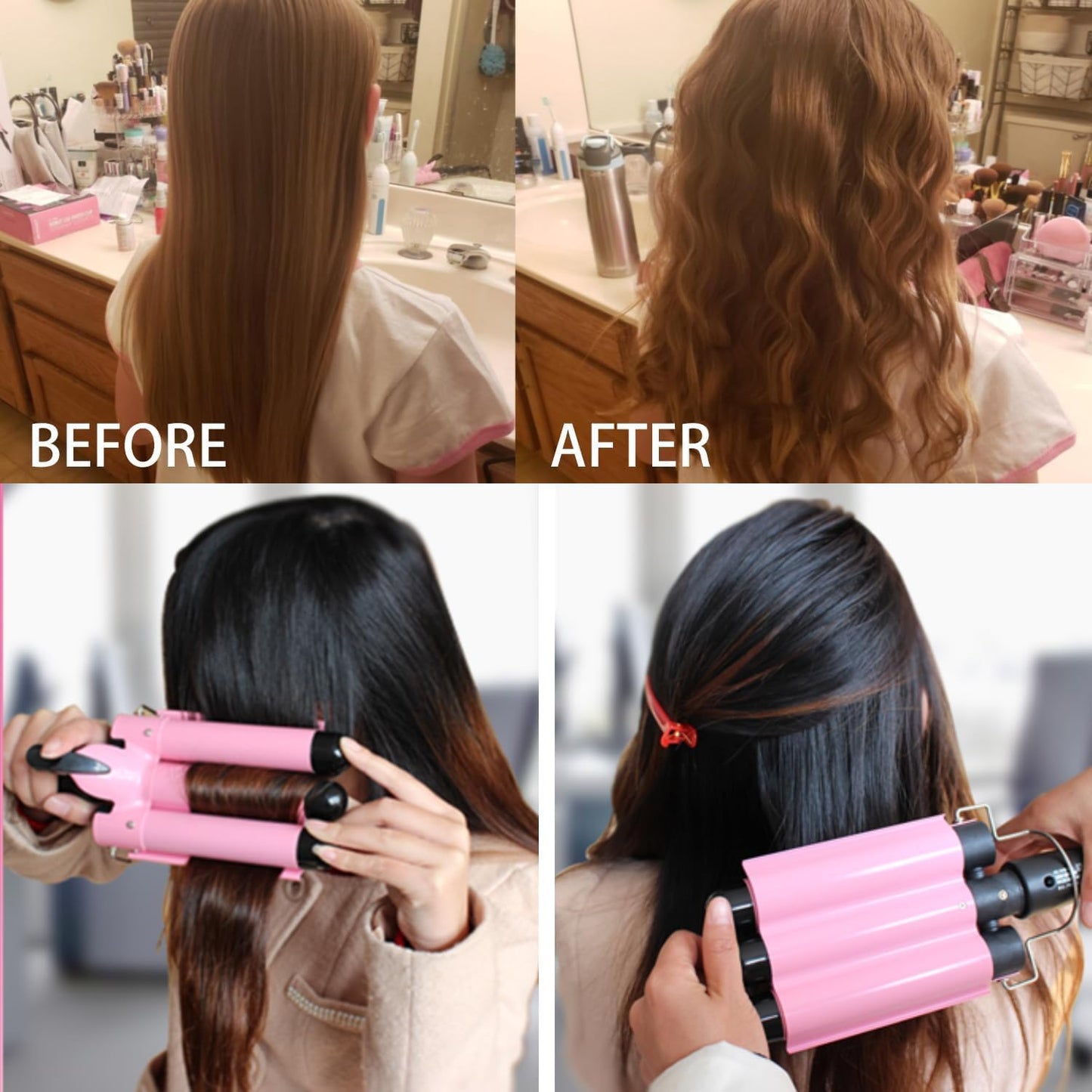 JUNMA Ceramic Curling Iron for Hair Styling, 32mm / 1.25" Barrel, Pink DEMO