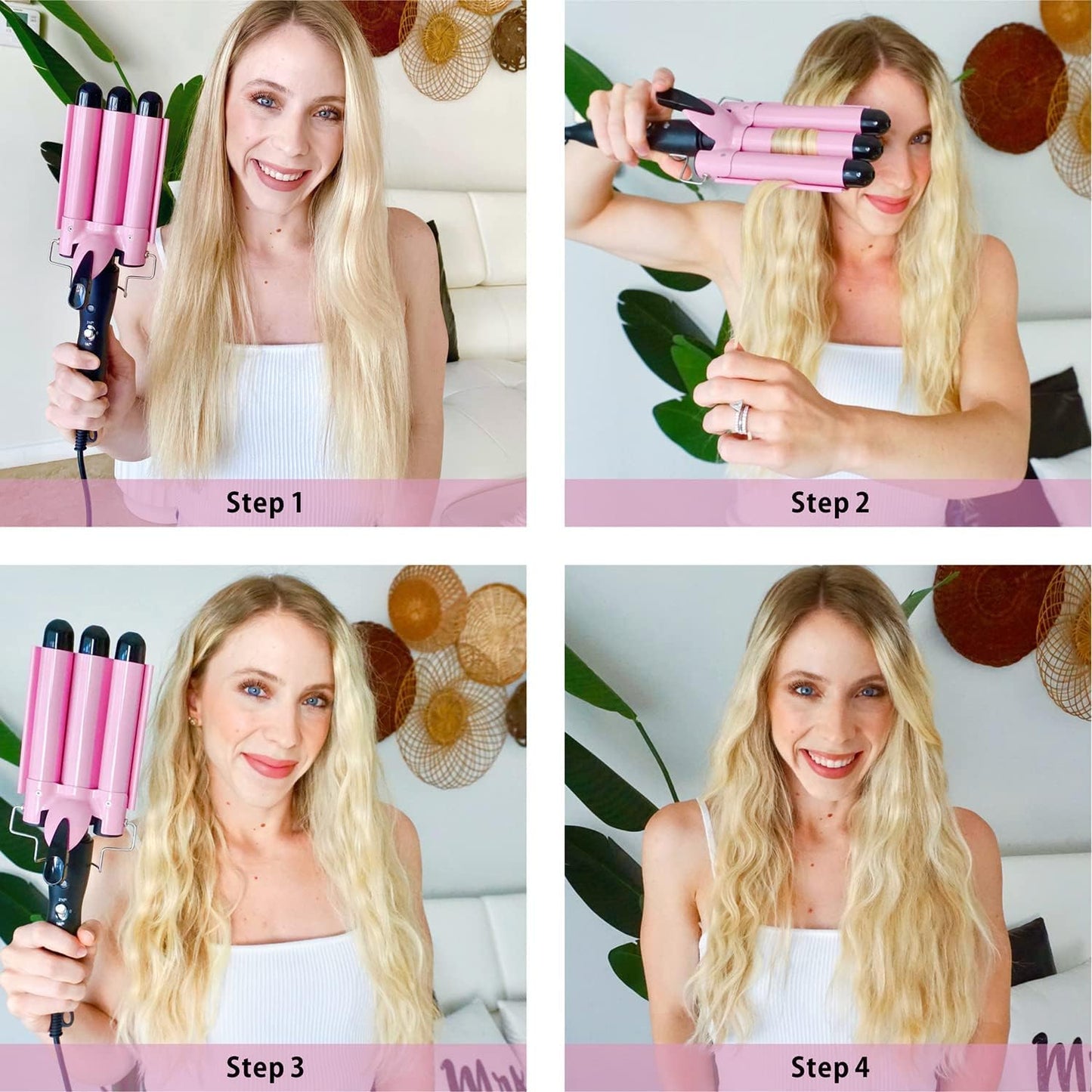 JUNMA Ceramic Curling Iron for Hair Styling, 32mm / 1.25" Barrel, Pink DEMO