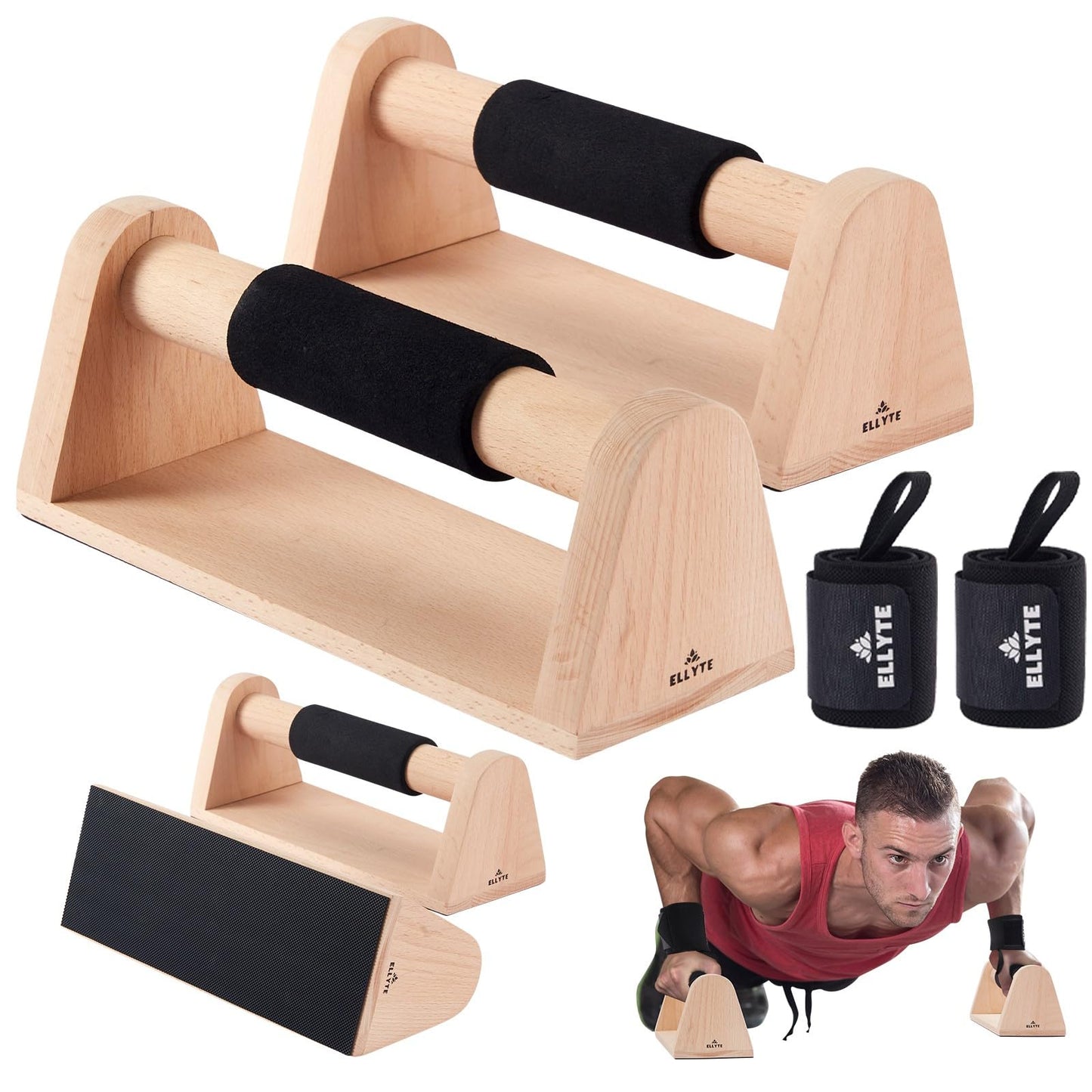 ELLYTE Wooden Parallettes Push Up Bars for Strength Training Workout DEMO