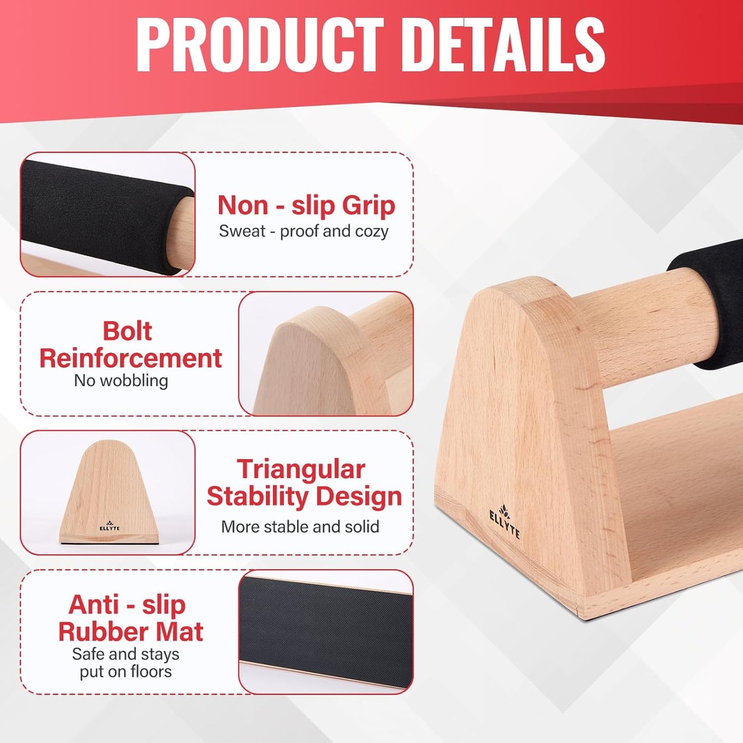 ELLYTE Wooden Parallettes Push Up Bars for Strength Training Workout DEMO