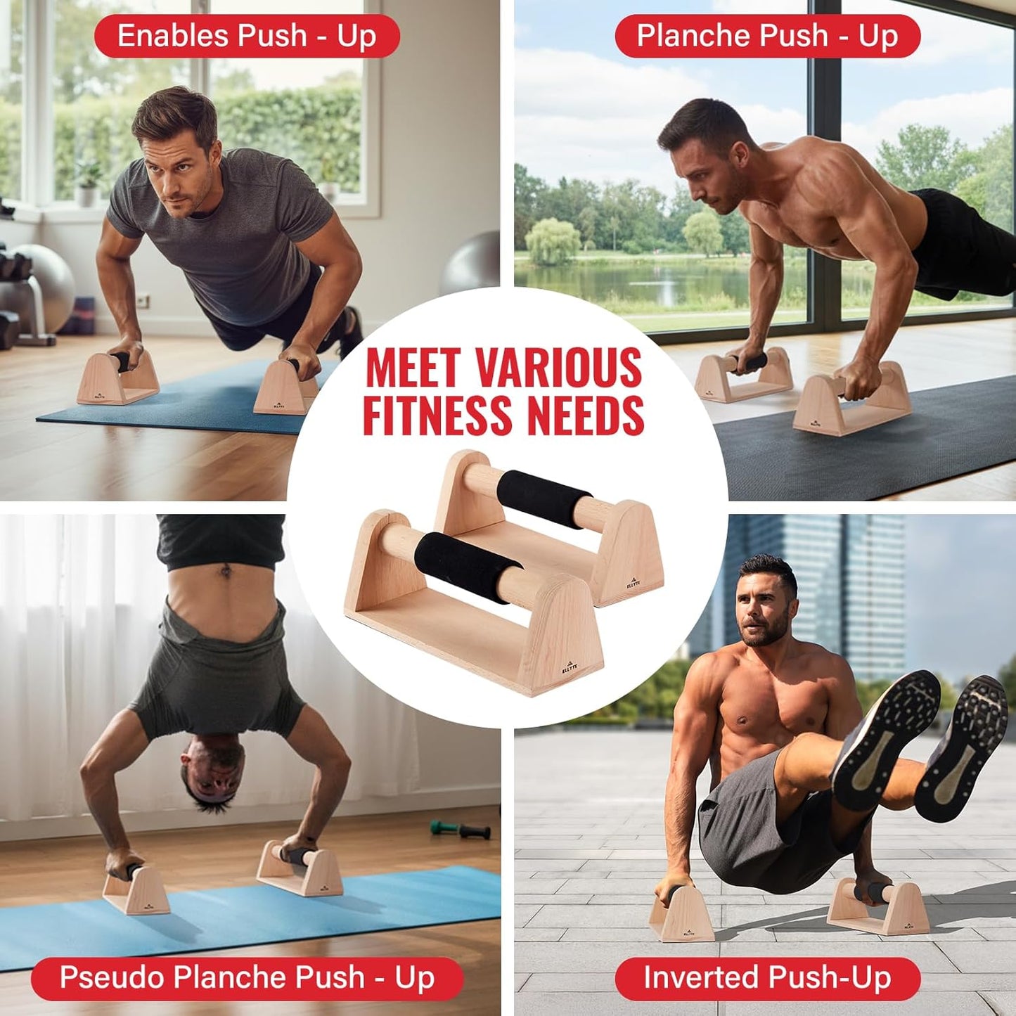 ELLYTE Wooden Parallettes Push Up Bars for Strength Training Workout DEMO