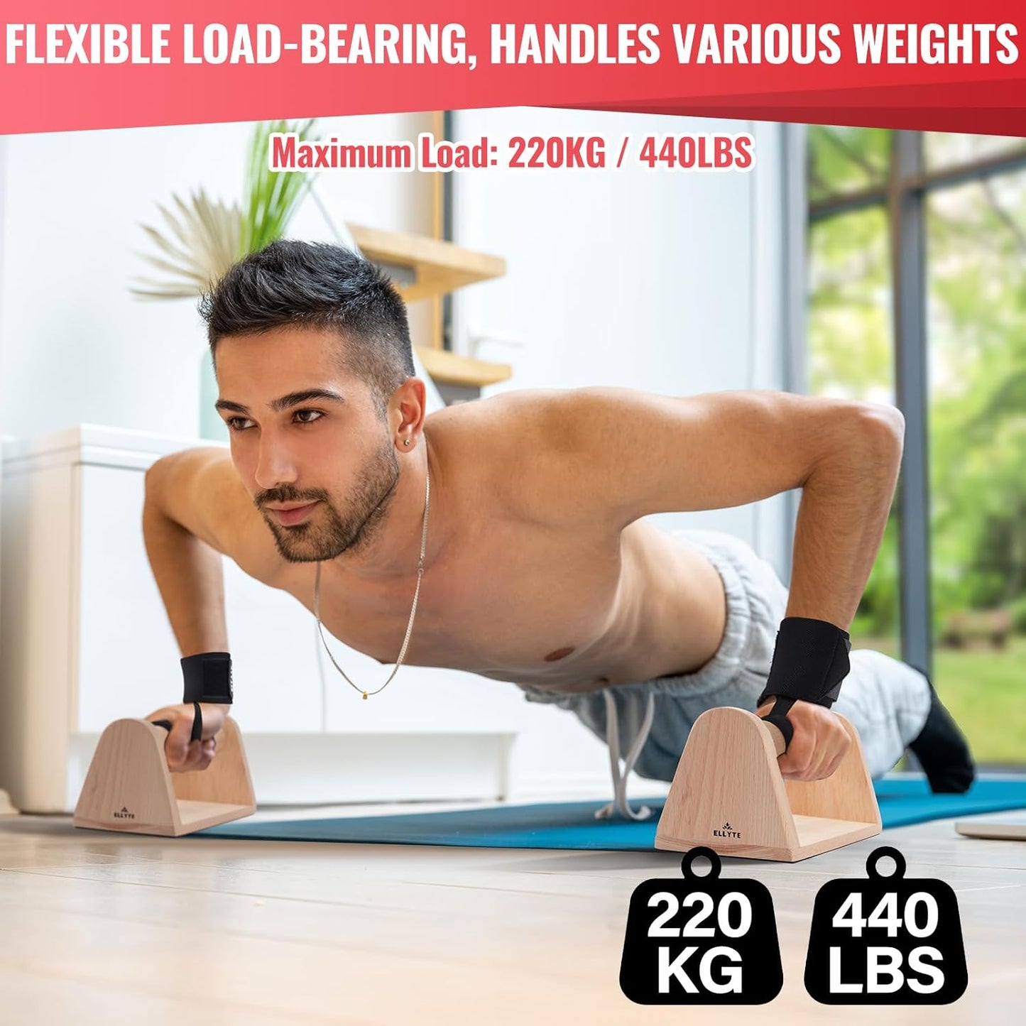 ELLYTE Wooden Parallettes Push Up Bars for Strength Training Workout DEMO