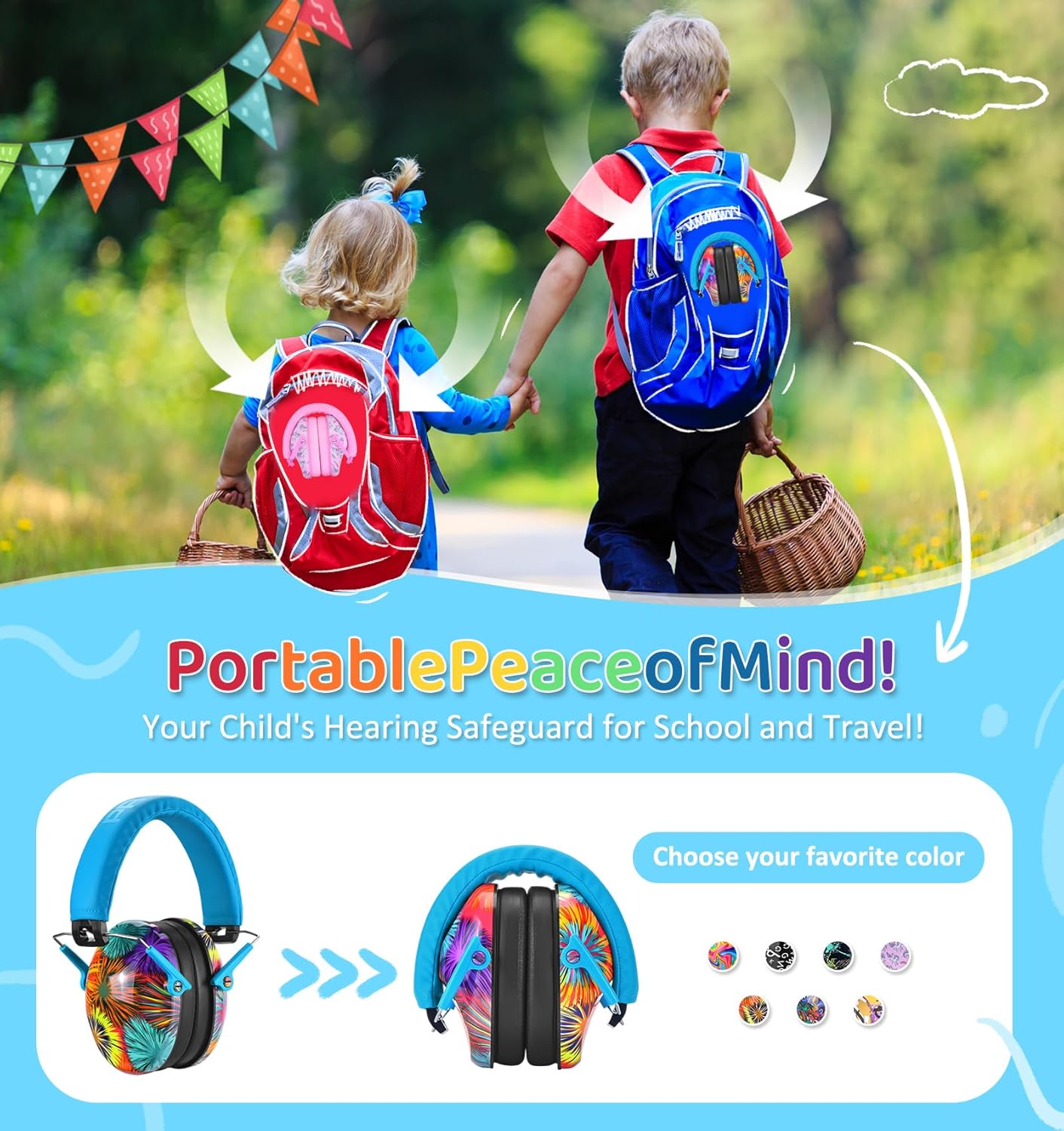 PROHEAR Kids Hearing Protection Earmuffs Fireworks Pattern Blue/Tropical NEW