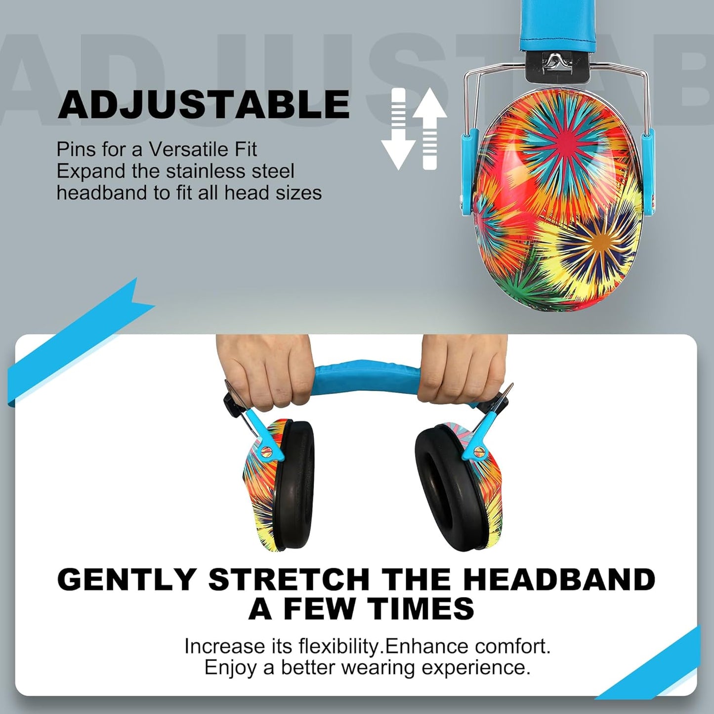 PROHEAR Kids Hearing Protection Earmuffs Fireworks Pattern Blue/Tropical NEW