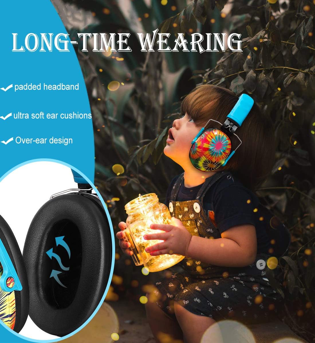 PROHEAR Kids Hearing Protection Earmuffs Fireworks Pattern Blue/Tropical NEW
