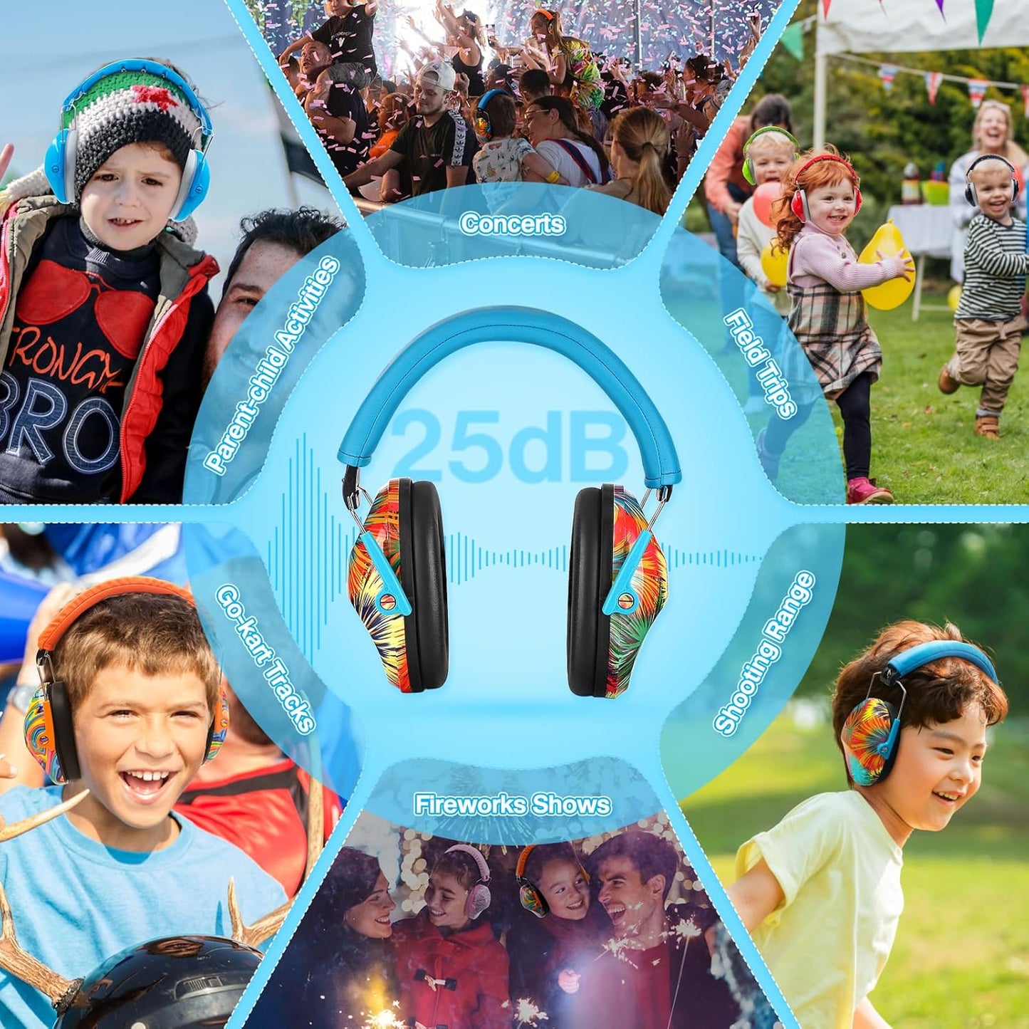 PROHEAR Kids Hearing Protection Earmuffs Fireworks Pattern Blue/Tropical NEW