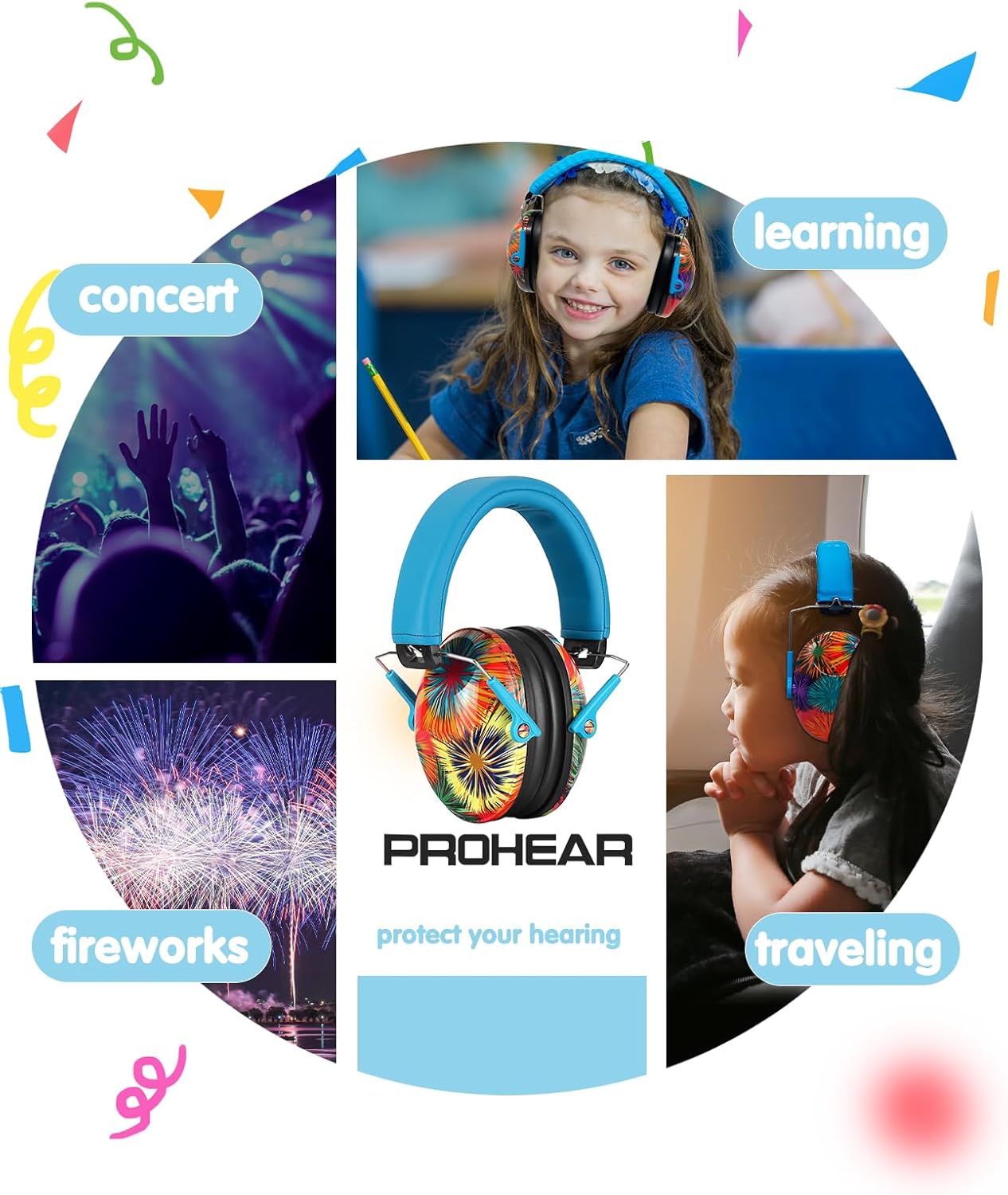 PROHEAR Kids Hearing Protection Earmuffs Fireworks Pattern Blue/Tropical NEW
