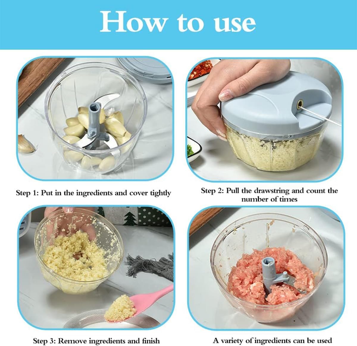 EOTIA 500ml Manual Food Chopper Garlic Mincer Stainless Steel Kitchen NEW