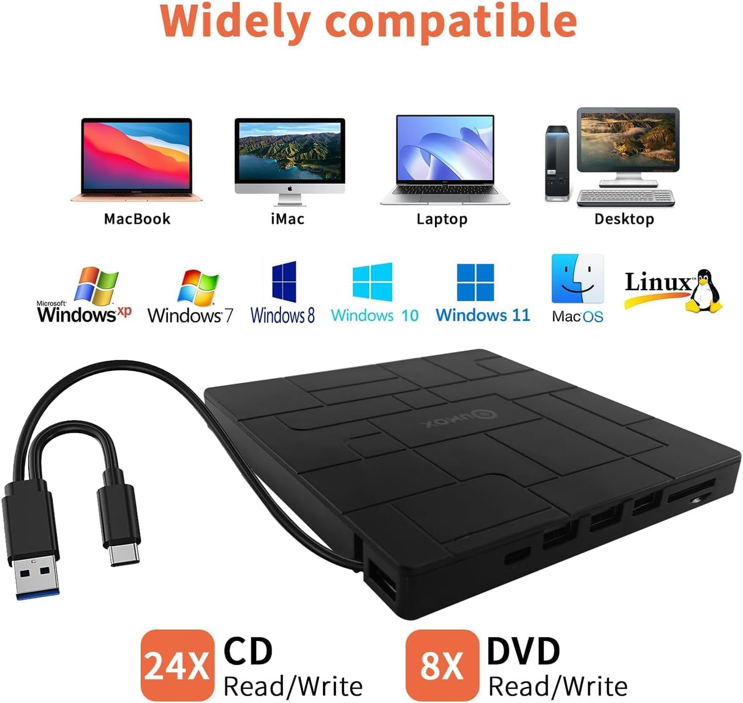 External USB 3.0 Portable DVD Burner with USB-C Disc Player in Black NEW