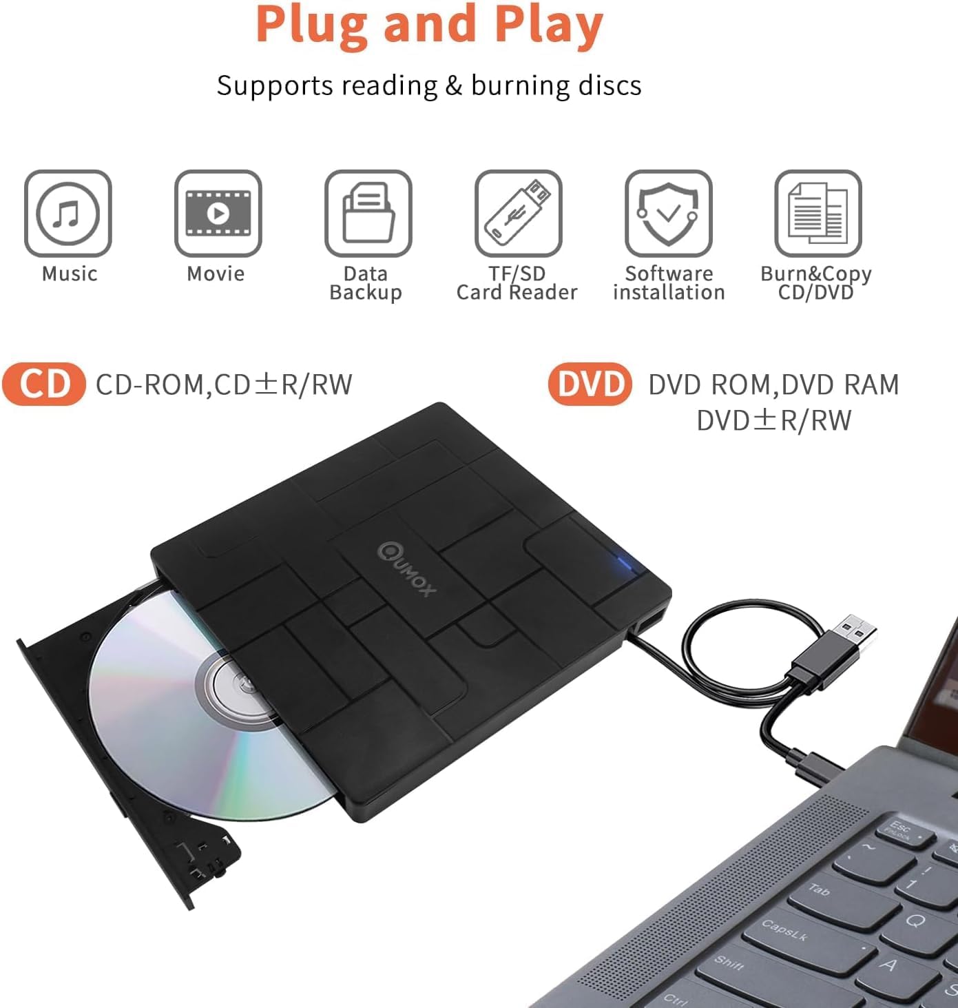External USB 3.0 Portable DVD Burner with USB-C Disc Player in Black NEW