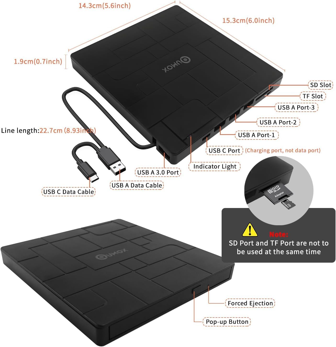 External USB 3.0 Portable DVD Burner with USB-C Disc Player in Black NEW