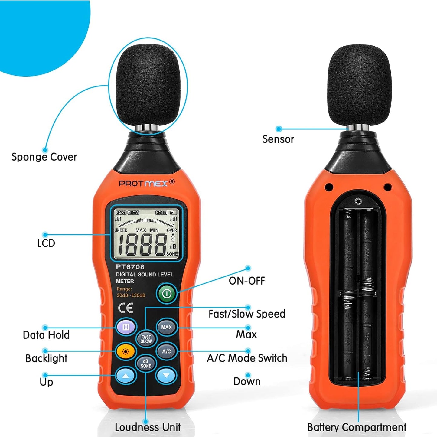 Protmex Digital Sound Level Meter Noise Measurement Reader 30-130 dBA DEMO