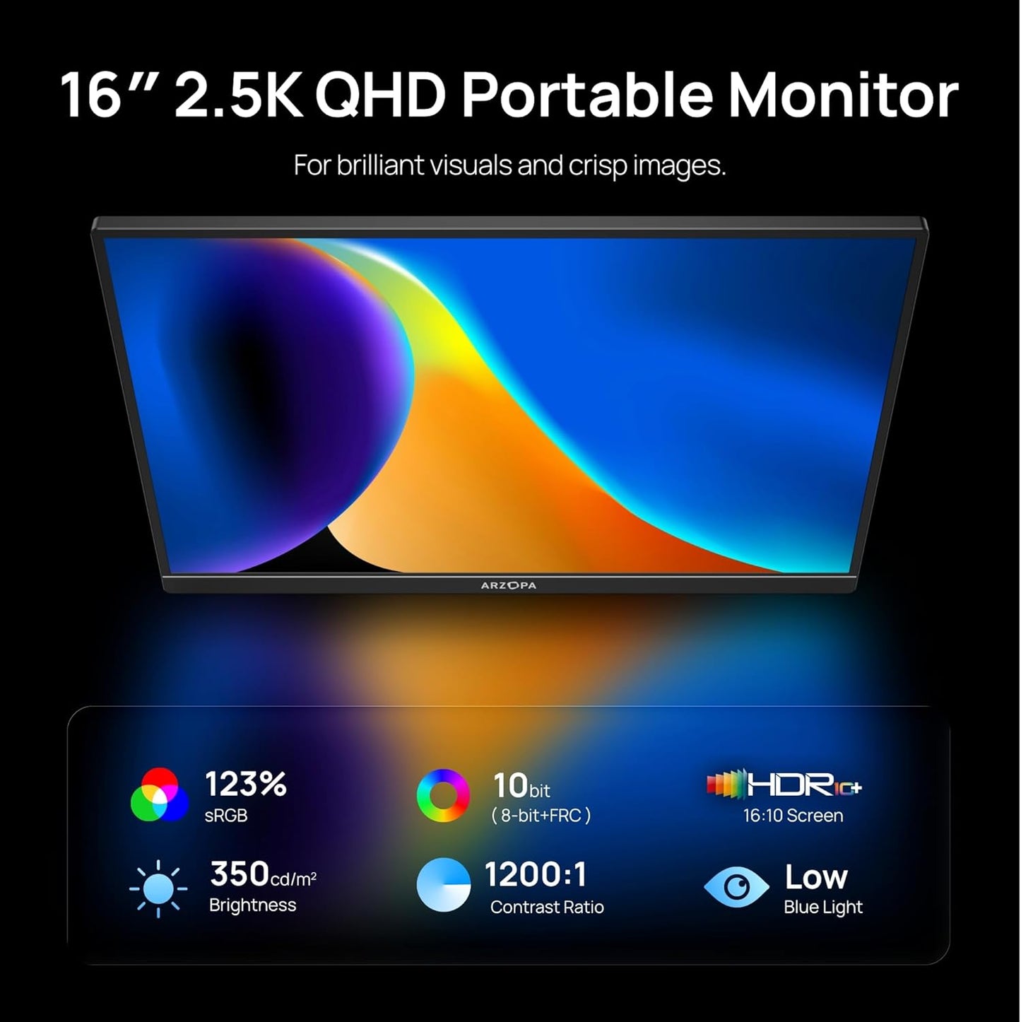 ARZOPA 16" Monitors Portable Monitor 2.5K 2560x1600 HDR 500nits Space Black NEW