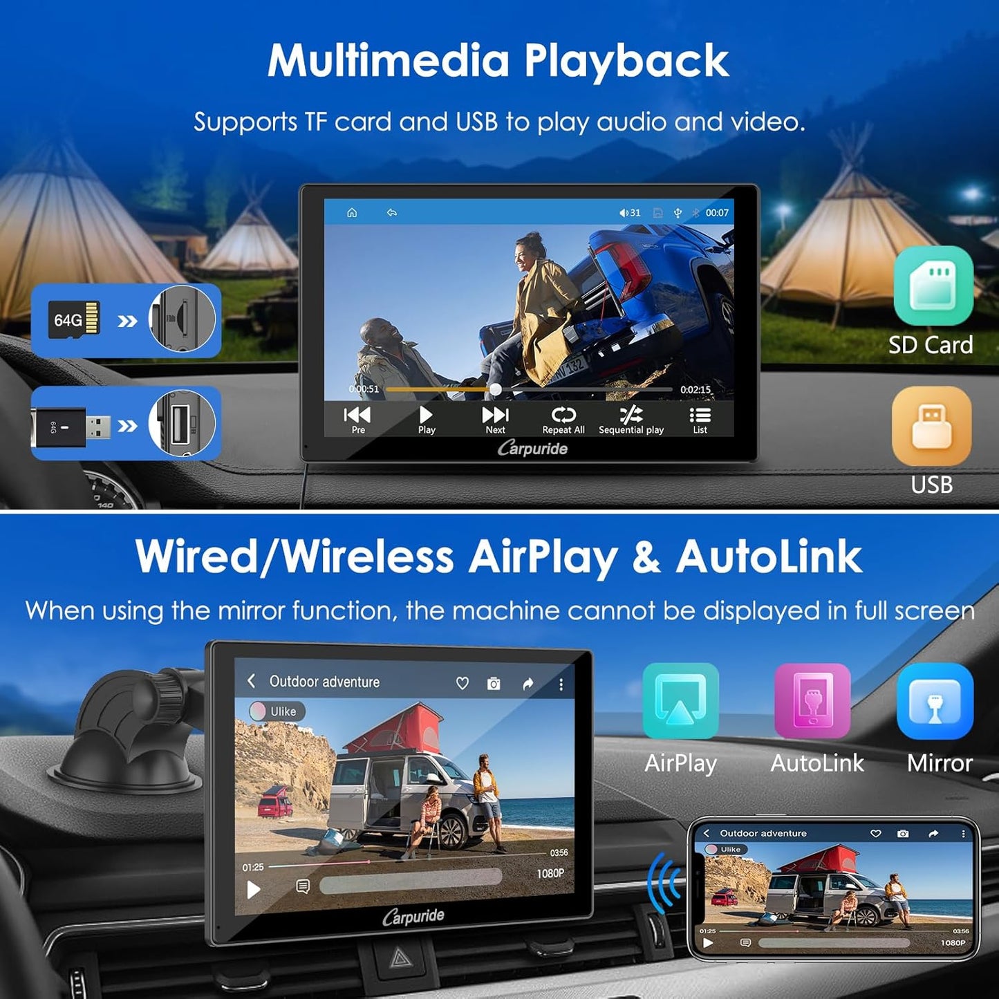 CARPURIDE 9" Wireless/Wired Car Electronics Multimedia Display Screen in NEW