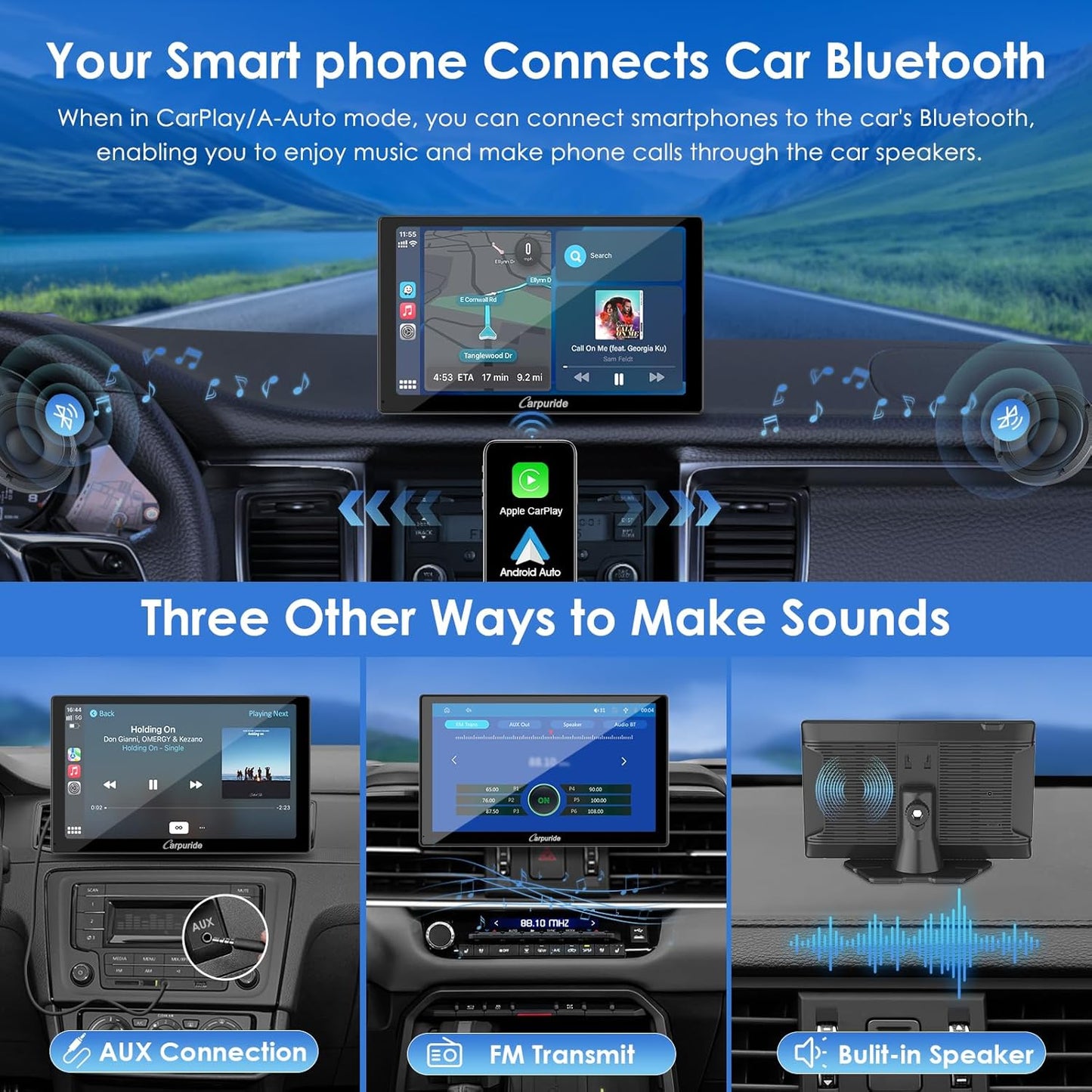 CARPURIDE 9" Wireless/Wired Car Electronics Multimedia Display Screen in NEW