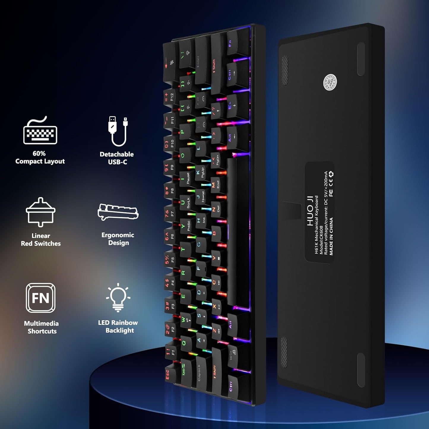 HUO JI Keyboards 60% Mechanical Gaming Keyboard Programmable RGB Backlit NEW