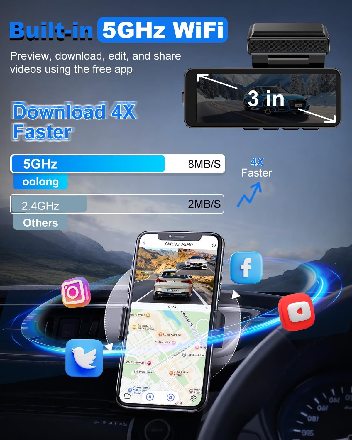 Dual Dash On-Dash-Monitoring Cam with Built-in WiFi GPS for On-Dash Monitoring