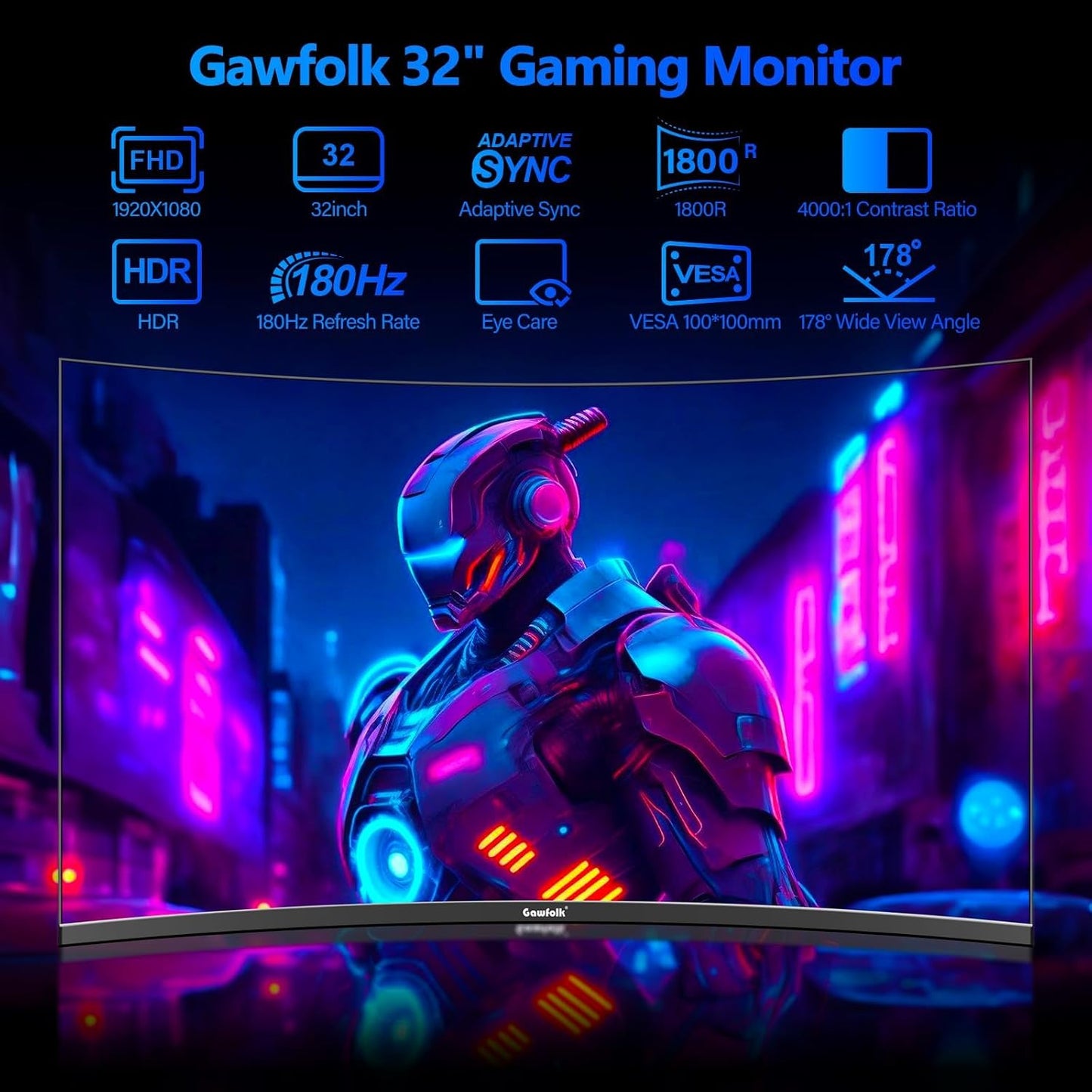 Gawfolk 32 Monitors Inch Curved Gaming Monitor 1800R 180Hz PC Computer NEW