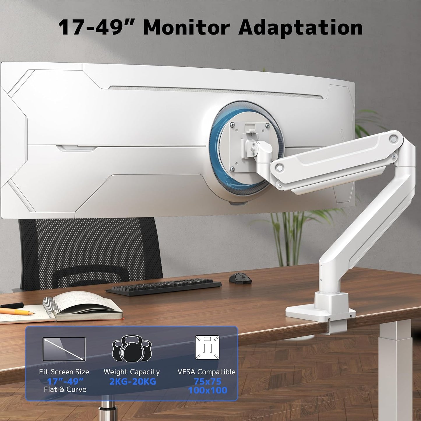 Premium Heavy Duty White Monitor Arm for 17-49 Inch Screens up to 44 lbs DEMO