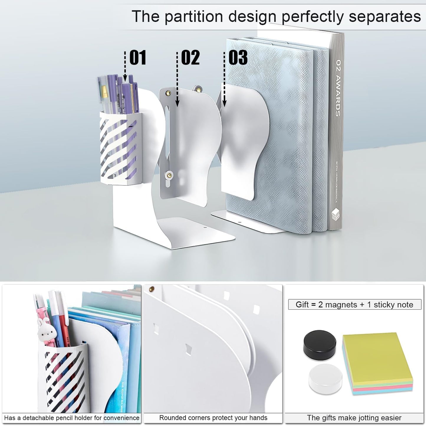 Adjustable Non-Slip Heavy Duty Metal Bookends White Book Stopper Size 15cm DEMO